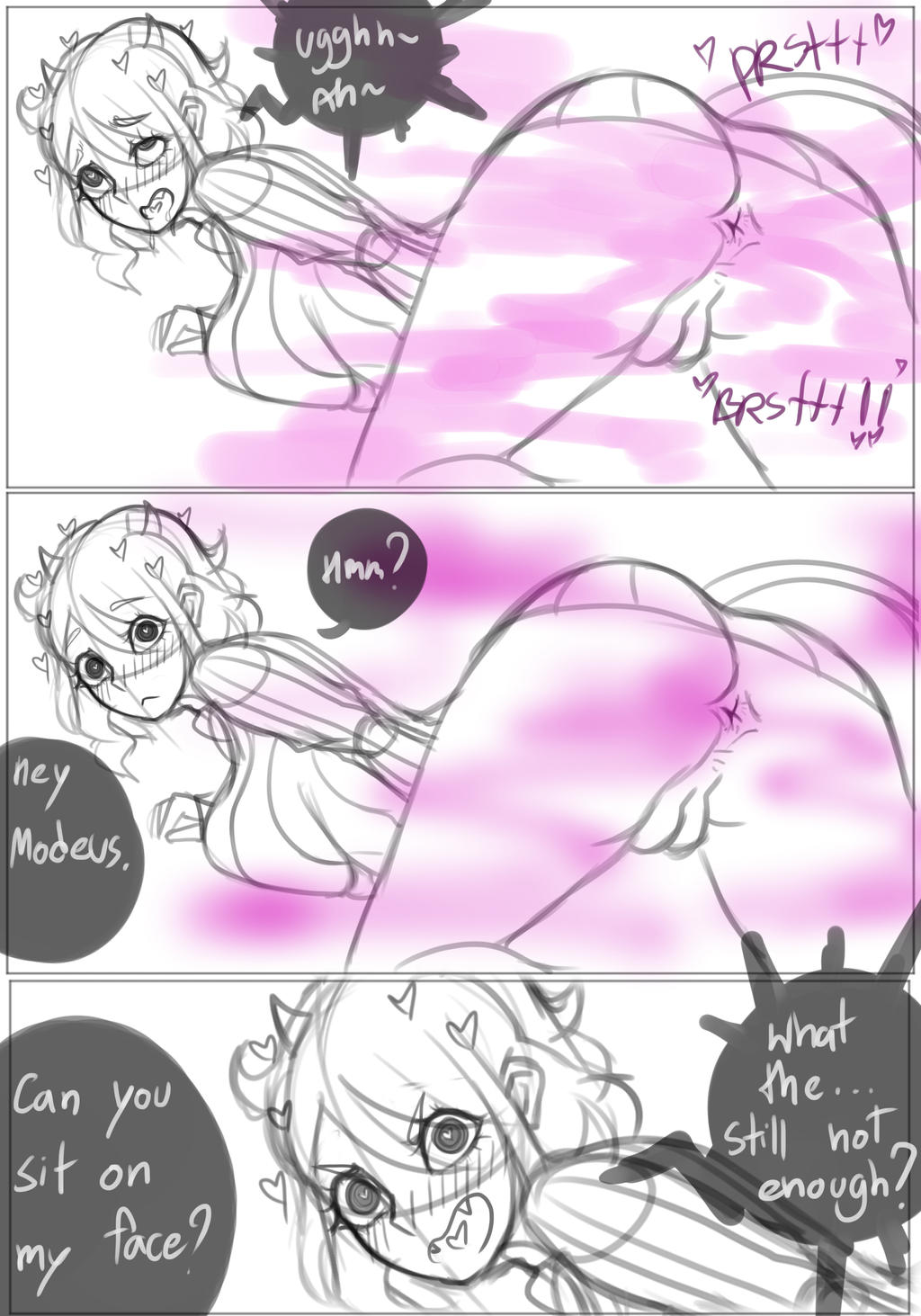 chro-sis, fart, fart cloud, fart fetish, farting, female, helltaker, modeus (helltaker), no panties, pantsless, pussy, sketch, unusual fart