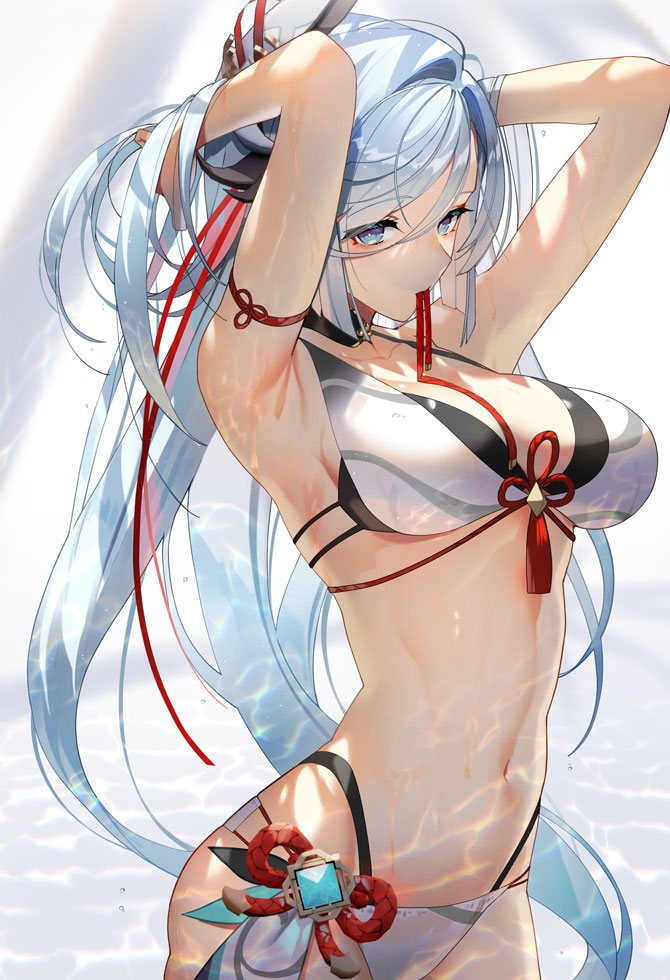 armpits, arms behind head, arms up, bare shoulders, bikini, black bikini, blue eyes, breasts, cleavage, collarbone, commentary, eyeliner, female, female only, genshin impact, hair ornament, hair over one eye, hair ribbon, large breasts, long hair, looking at viewer, makeup, mouth hold, multicolored bikini, navel, ribbon, sco ttie, scottie (phantom2), shenhe (genshin impact), solo, swimsuit, tassel, two-tone bikini, tying hair, very long hair, vision (genshin impact), white bikini, white hair