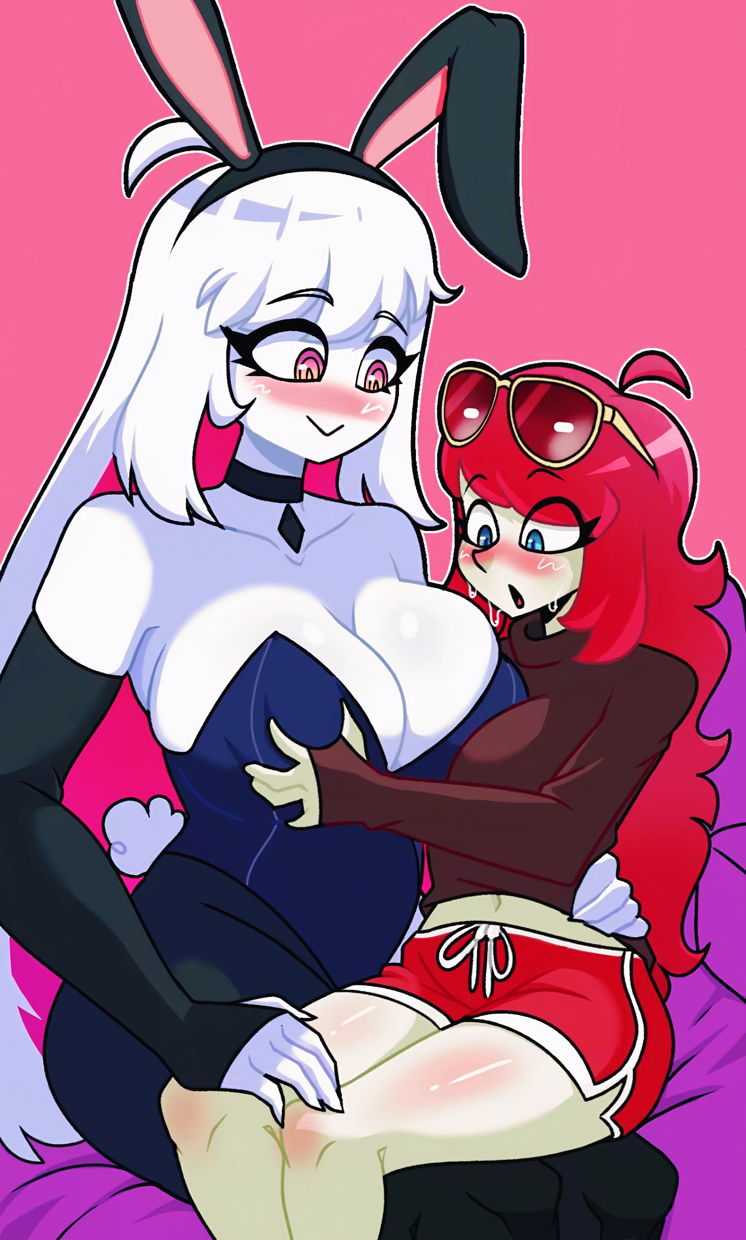 2girls, artist cilla, blush, breast grab, breasts, bunny ears, bunny girl, bunnysuit, female, friday night funkin, large breasts, nikusa (sugarratio), oc, oc x canon, white body, yuri