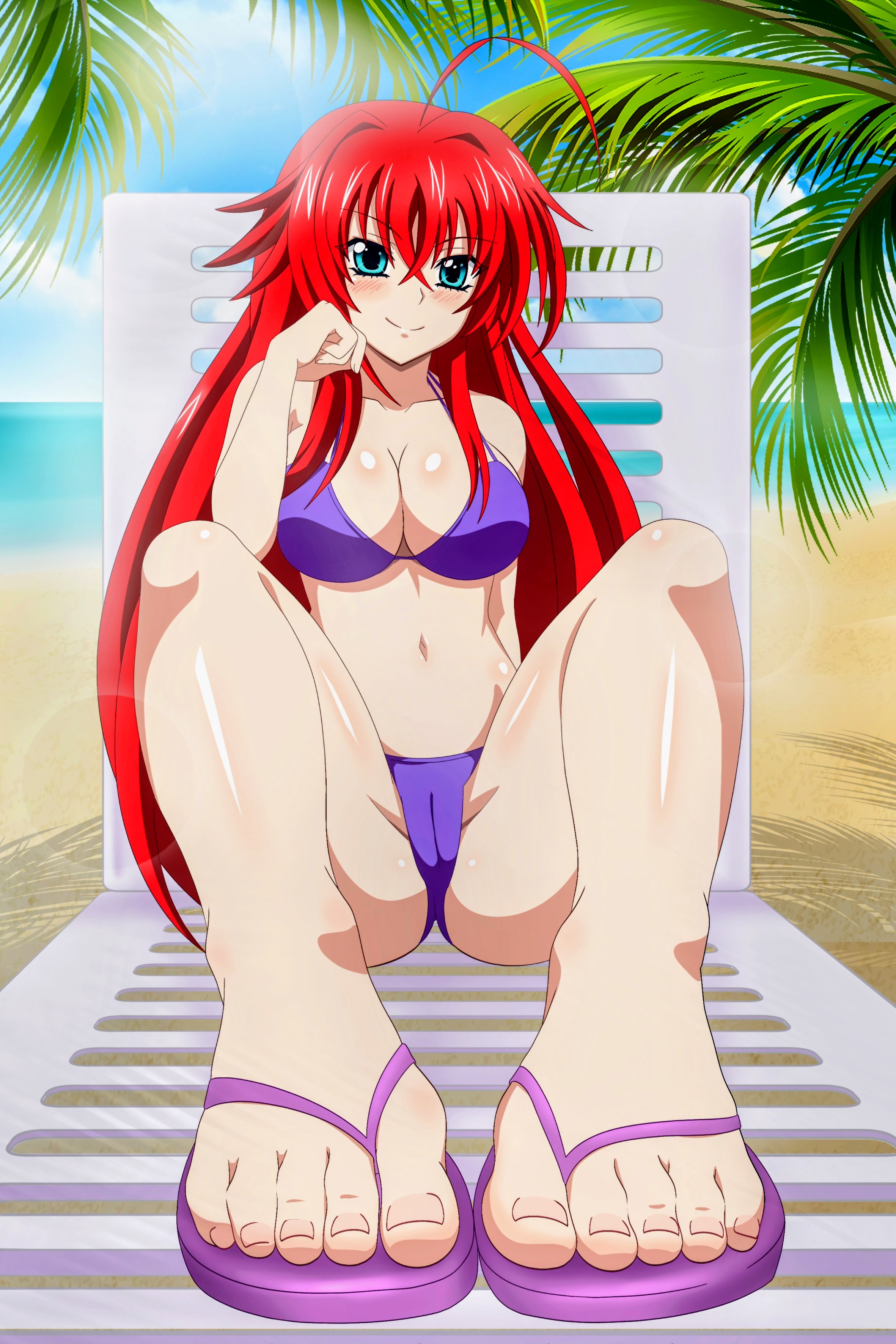 ahoge, beach, bikini, blue eyes, blush, breasts, cameltoe, chair, cleavage, feet, female, female focus, female only, flip flops, flip-flops, foot fetish, foot focus, high school dxd, long hair, ocean, palm tree, patreon username, purple bikini, pussy, red hair, rias gremory, sand, sandals, smile, solo, swimsuit, toes, tree, water, watermark, web address, zorzero
