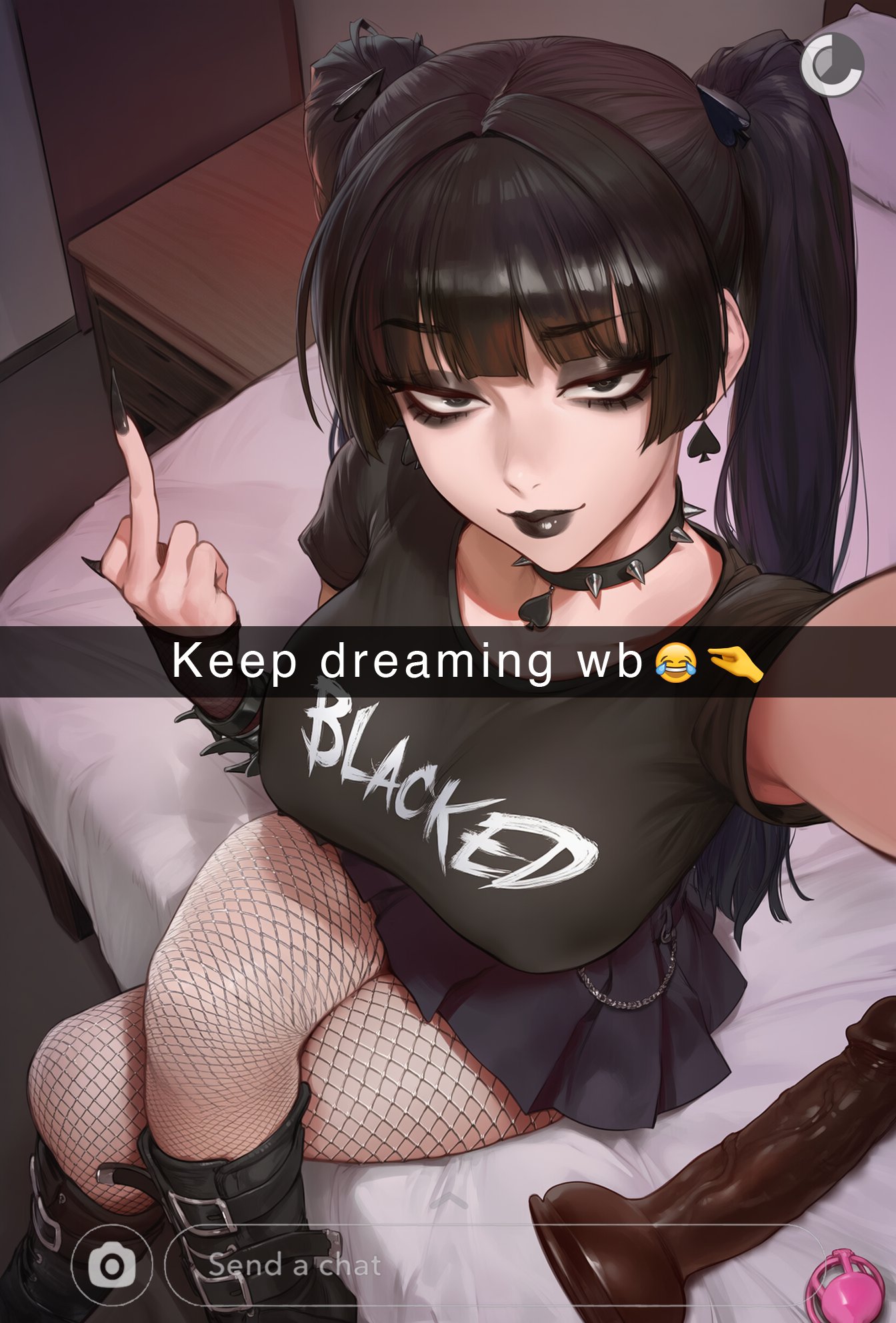 1girls, ai generated, aipotions, big breasts, black hair, blacked, blacked clothing, breasts, clothed, clothing, collar, color, dildo, english text, female, female focus, female only, fishnets, goth, goth clothing, goth girl, hi res, large breasts, light skin, light-skinned female, lipstick, long hair, looking at viewer, middle finger, original character, pinching gesture, queen of spades, selfie, size queen, small penis gesture, small penis humiliation, solo, solo female, teasing, text, thick thighs