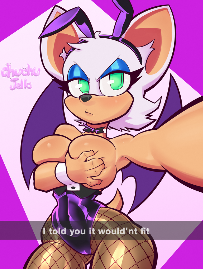 angry, angry expression, angry face, breasts, breasts dont fit, breasts out of clothes, breasts spilling out, bunnysuit, cant contain, chuchujelly, clothes too small, containing breasts, covering breasts, female, frustrated, holding breasts, impossible fit, inconvenient boobs, inconvenient breasts, inconvenient tits, rouge the bat (cosplay), sonic (series), sonic the hedgehog (series), struggling to fit, tight bunny outfit, tight clothing, tight fit, tight fitting clothing, tight suit, too big for clothing, too big to fit, too small clothes, too tight, undersized clothes, undersized clothing