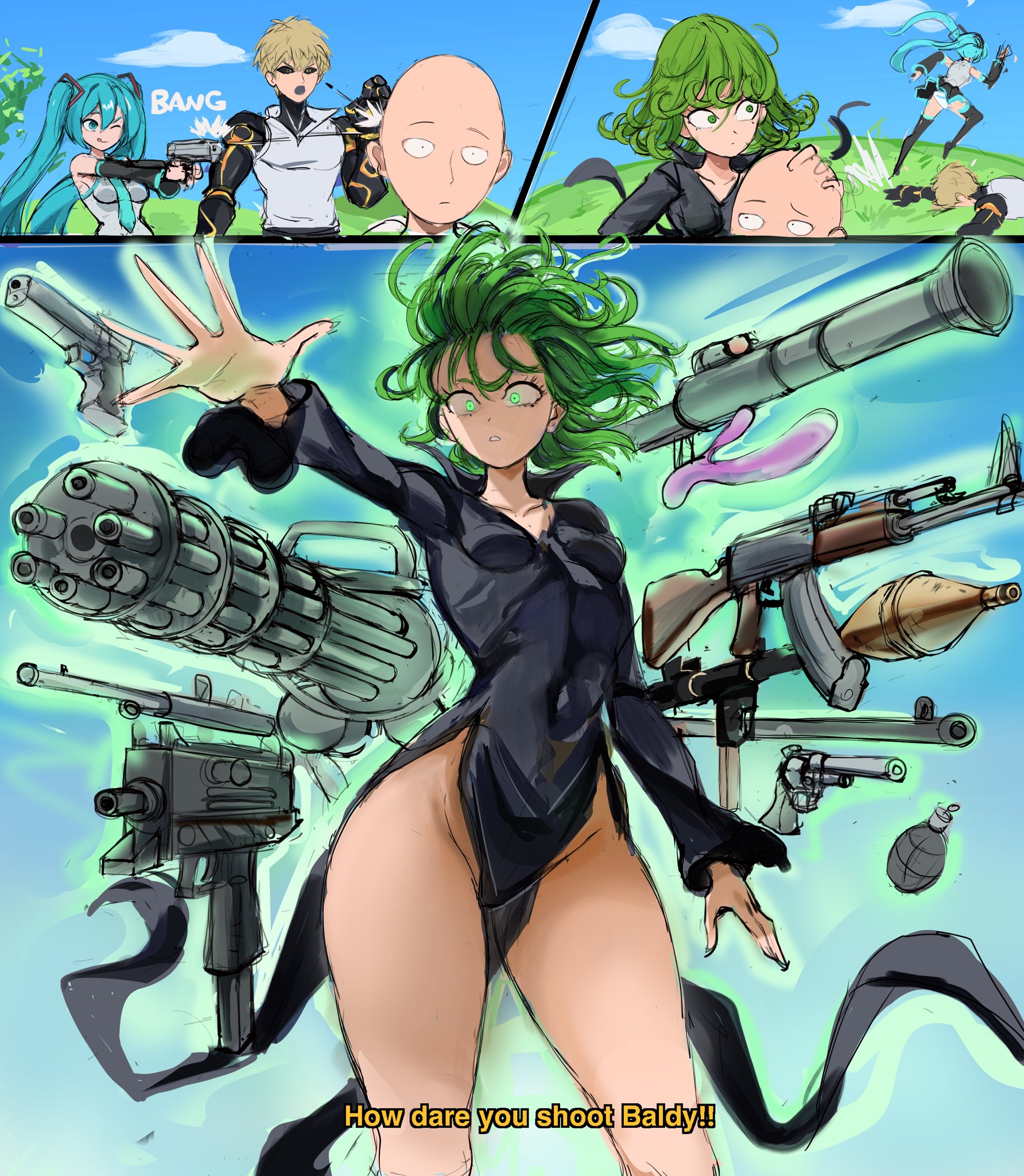 2boys, 2girls, aqua hair, bald, black dress, blonde hair, blue sky, breast outline, breasts, comic, covered navel, crossover, curly hair, cyborg, day, detached sleeves, dildo, dress, english text, female, female focus, floating, fortnite, gatling gun, genos, glowing, green eyes, green hair, green-haired female, gun, guns, handgun, hatsune miku, holding, holding gun, holding weapon, long hair, long sleeves, male, multiple boys, multiple females, multiple girls, multiple males, necktie, no panties, one-punch man, pelvic curtain, rakeemspoon, rocket launcher, saitama, short hair, sisters, skin tight, sky, small breasts, smoke, solo focus, spring onion, tatsumaki, telekinesis, text, thick thighs, thighs, tight clothing, twintails, vocaloid, weapon