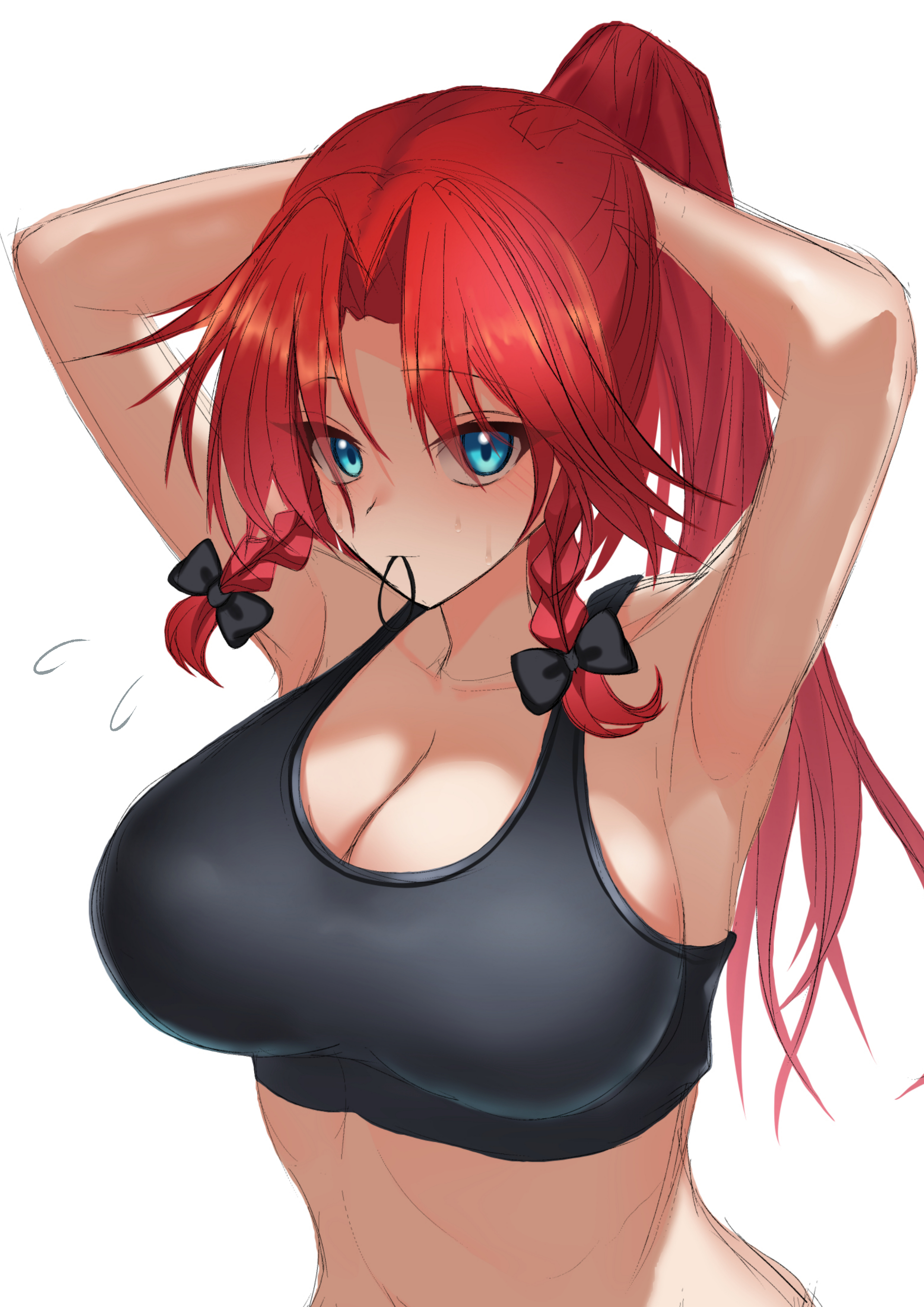 1girls, 2d, armpit crease, armpit fetish, armpits, arms behind head, arms up, blue eyes, breasts, female, hong meiling, looking at viewer, red hair, solo, tofuandsoup, touhou