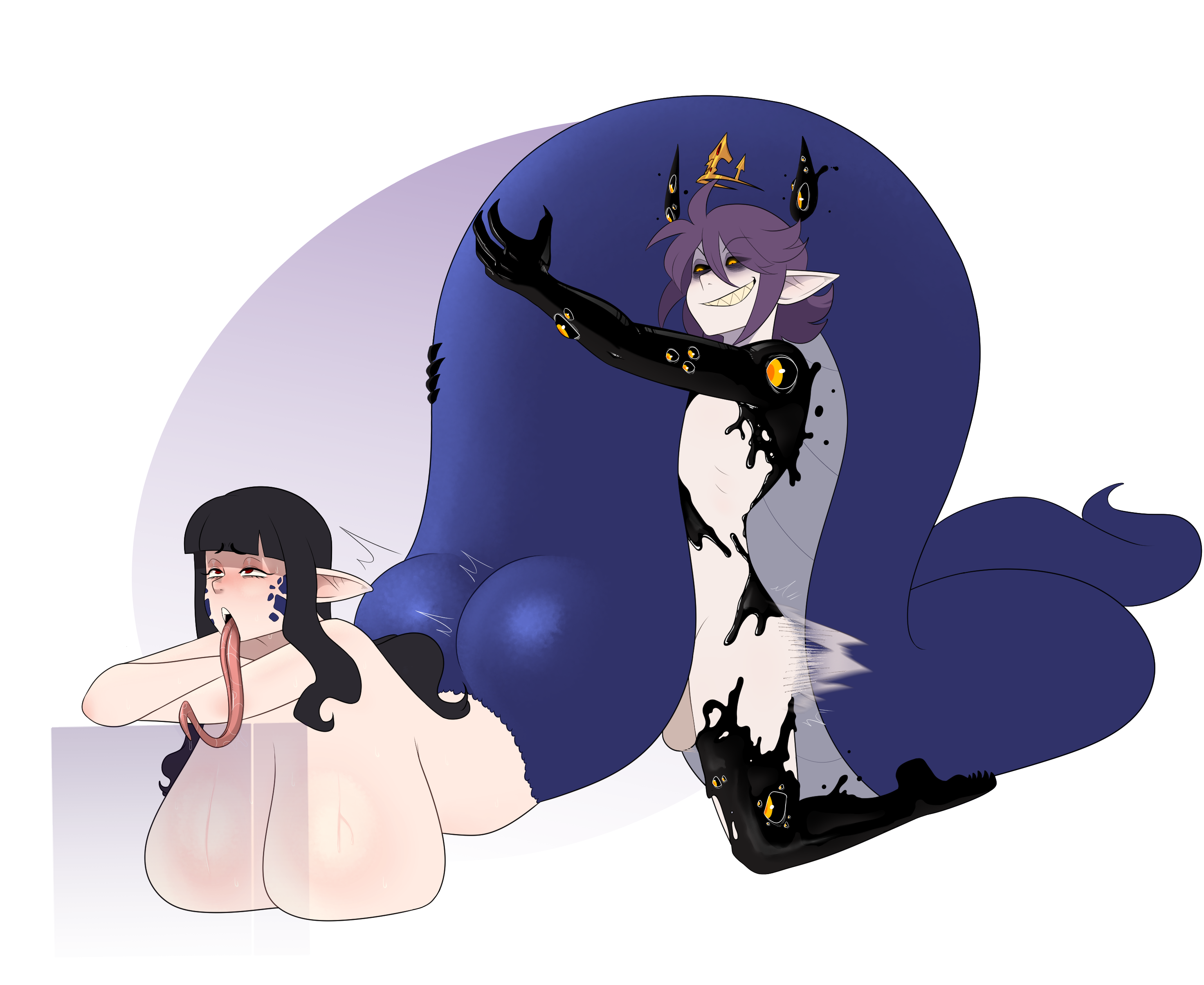 ahegao, ass, balls, big breasts, black hair, black hair female, black sclera, breasts, breasts on floor, demon, demon boy, eyes on body, female, from behind position, gigantic breasts, hanging breasts, huge breasts, implied penetration, implied vaginal, interspecies, lamia, larger female, long hair, long tongue, male, maledom, naga, nericurls, pale skin, pale skinned male, pleasure face, pointy ears, purple hair, pussy, scales, serpentine, small dom big sub, smaller male, snake humanoid, snake tail, snake tongue, sweat