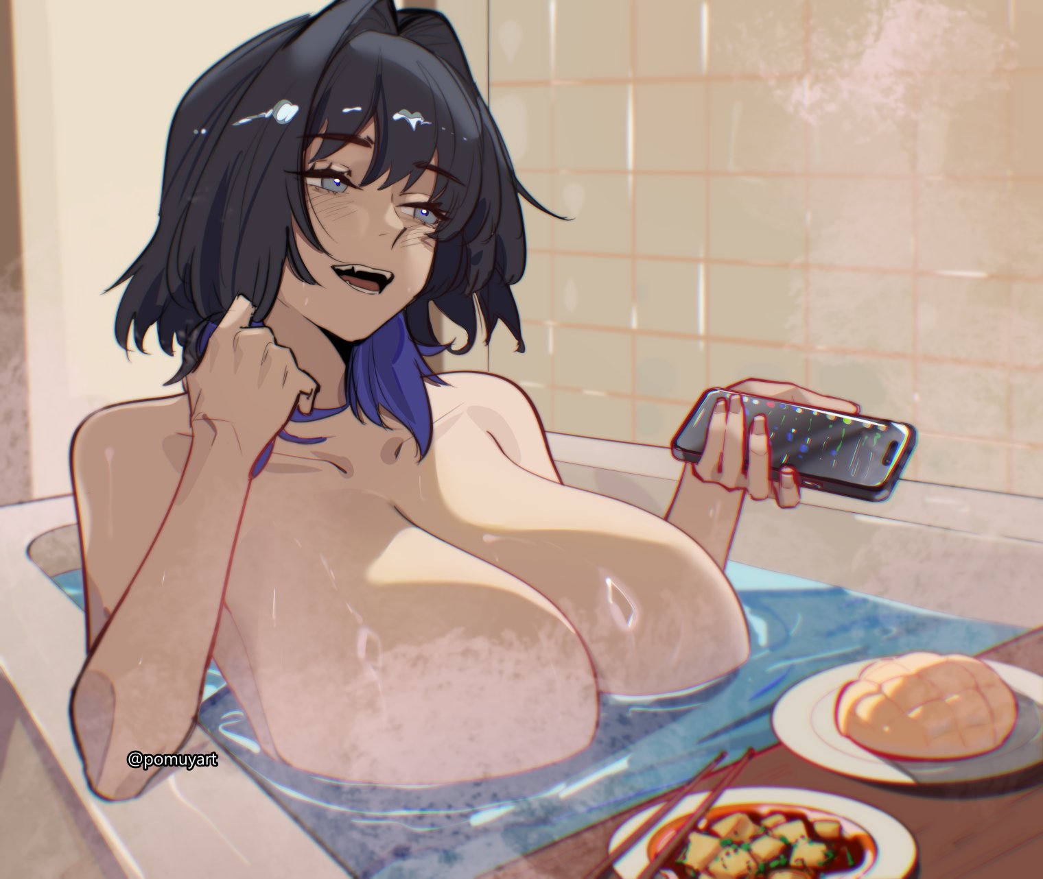 1girls, artist name, bath, bathing, bathroom, bathtub, big breasts, black hair, breasts, completely nude, completely nude female, female, fog, food, grey eyes, hair intakes, hololive, hololive english, hololive english -council-, hololive english -promise-, huge breasts, large breasts, massive breasts, nude, nude female, ouro kronii, pomuya, short hair, steam, virtual youtuber, voluptuous, voluptuous female, water, watermark, wet