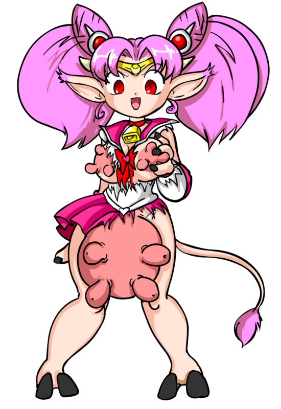 bishoujo_senshi_sailor_moon bovine breast_udders chibi_usa cow_girl cowbell female hooves horns human p.chronos pink_hair pointy_ears red_eyes sailor_chibi_moon sailor_senshi serafuku tail tied_hair torn_clothes transformation twintails udders