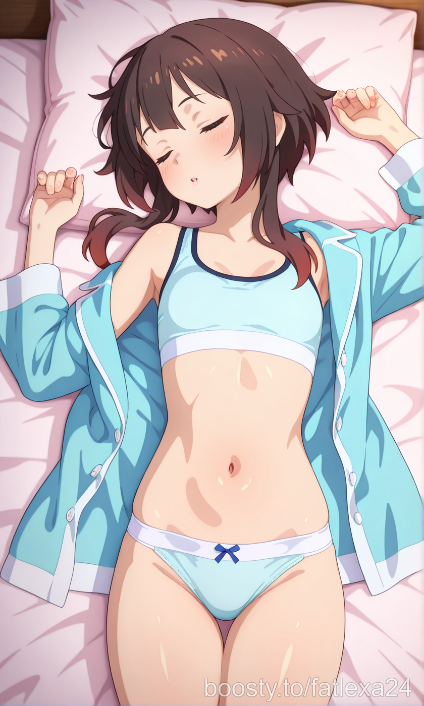 ai generated, blush, bra, brown hair, closed eyes, fatlexa24, female, kono subarashii sekai ni shukufuku wo!, konosuba, megumin, midriff, navel, open mouth, panties, parted lips, sleeping, thighs