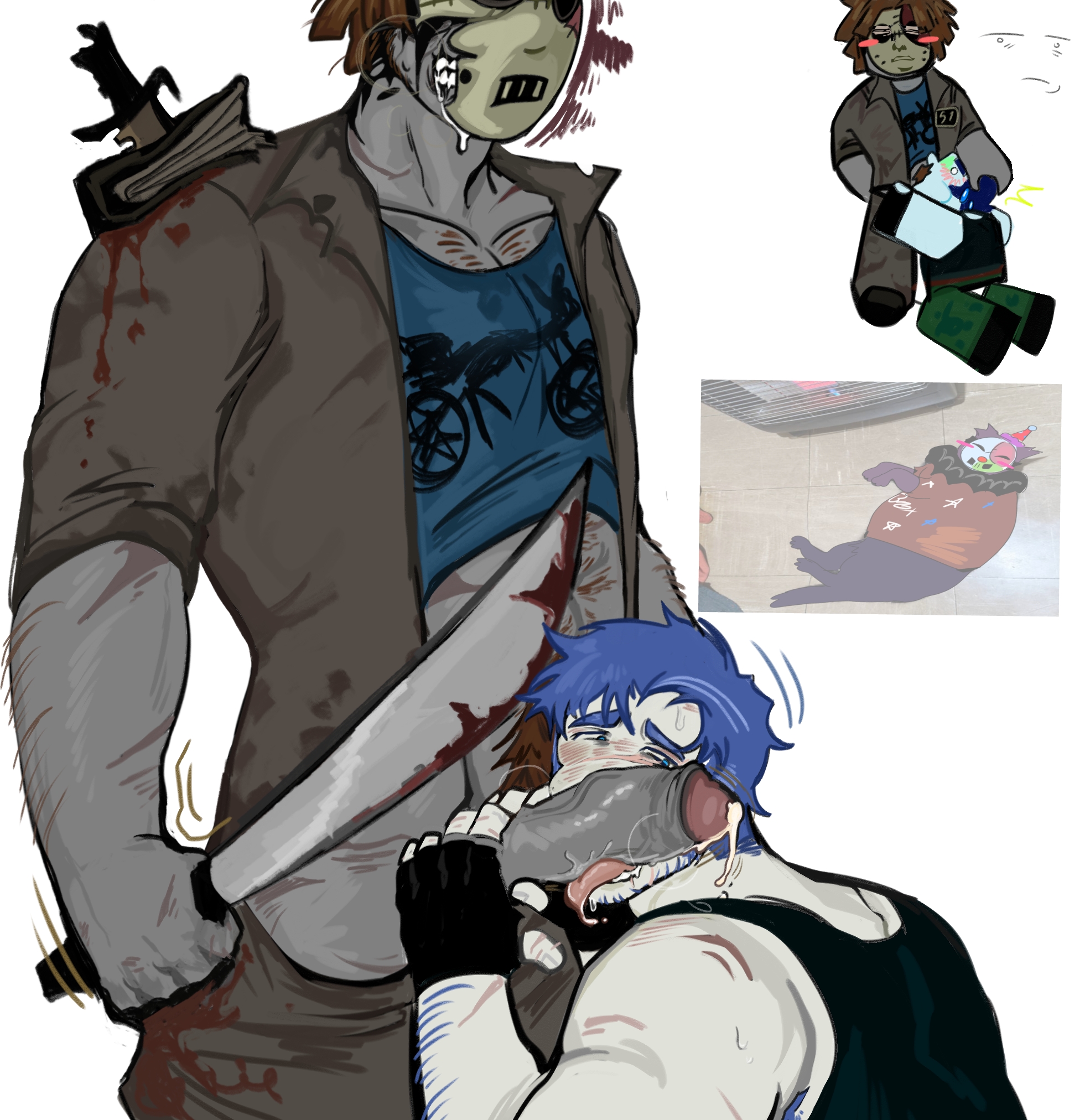 2boys, big penis, blush, clothed, cum, forsaken (roblox), gay, guest 1337 (forsaken), licking, licking penis, long penis, male, penis, penis out, poroto azul, roblox, roblox game, robloxian, slasher (forsaken), tagme