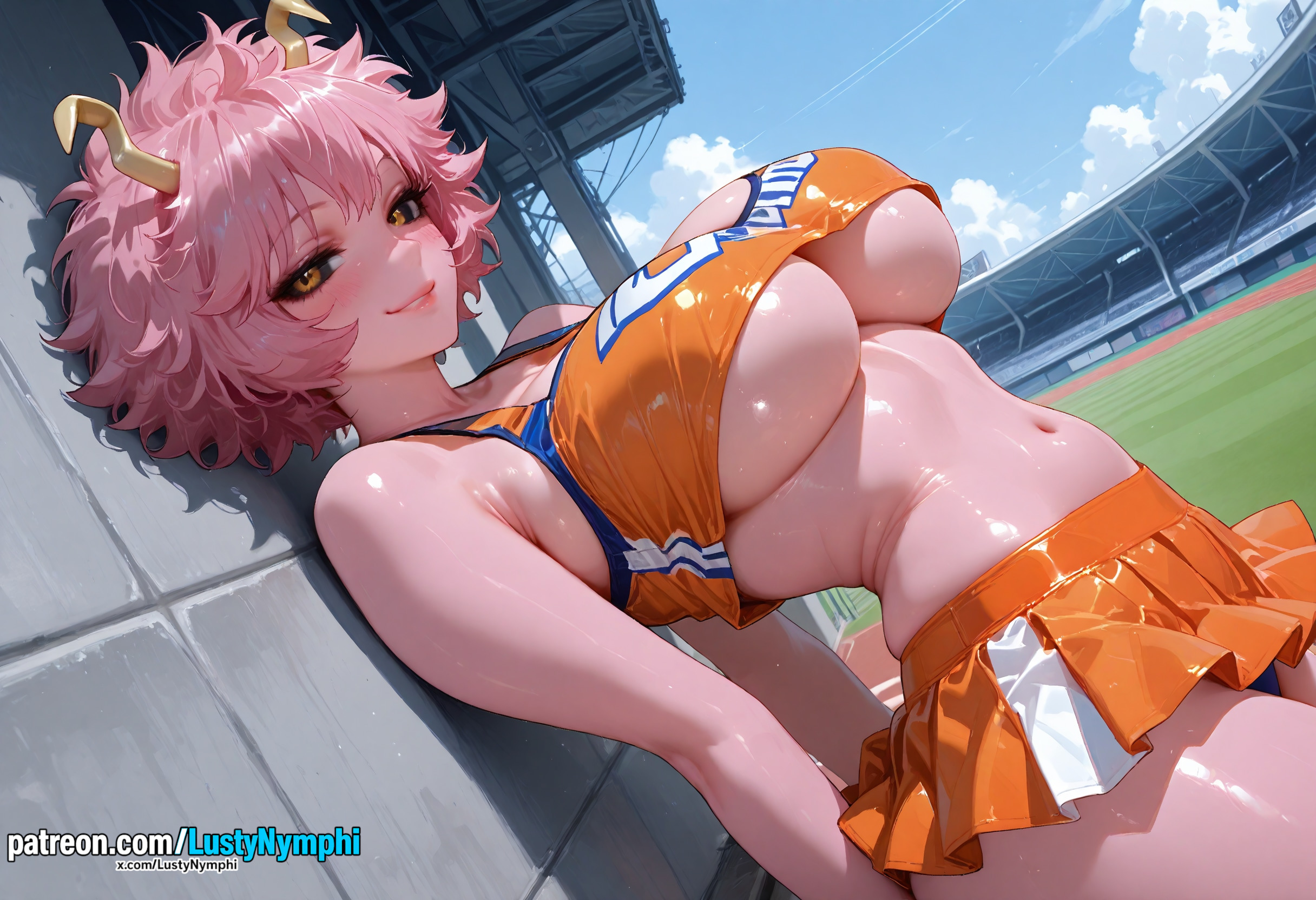 1girls, ai generated, artist name, ashido mina, bare shoulders, breasts, cheerleader uniform, female, horns, looking at viewer, lustynymphi, mina ashido, my hero academia, patreon username, pink hair, skirt, smile, twitter username, uncensored, underboob, watermark