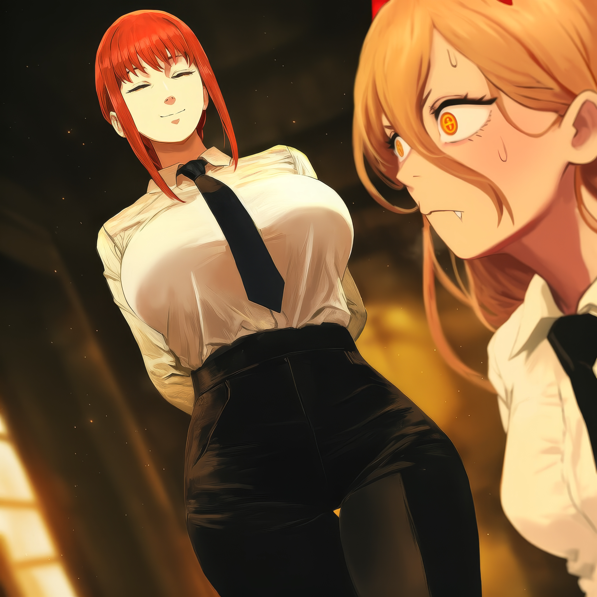 2girls, absurdres, ai generated, big breasts, breasts, caught, chainsaw man, cute fang, fang, female, flustered, highres, huge breasts, makima (chainsaw man), multiple females, multiple girls, novelai, power (chainsaw man), small breasts, smile, sweat, thefelix, thick thighs, thighs, wide-eyed, worried