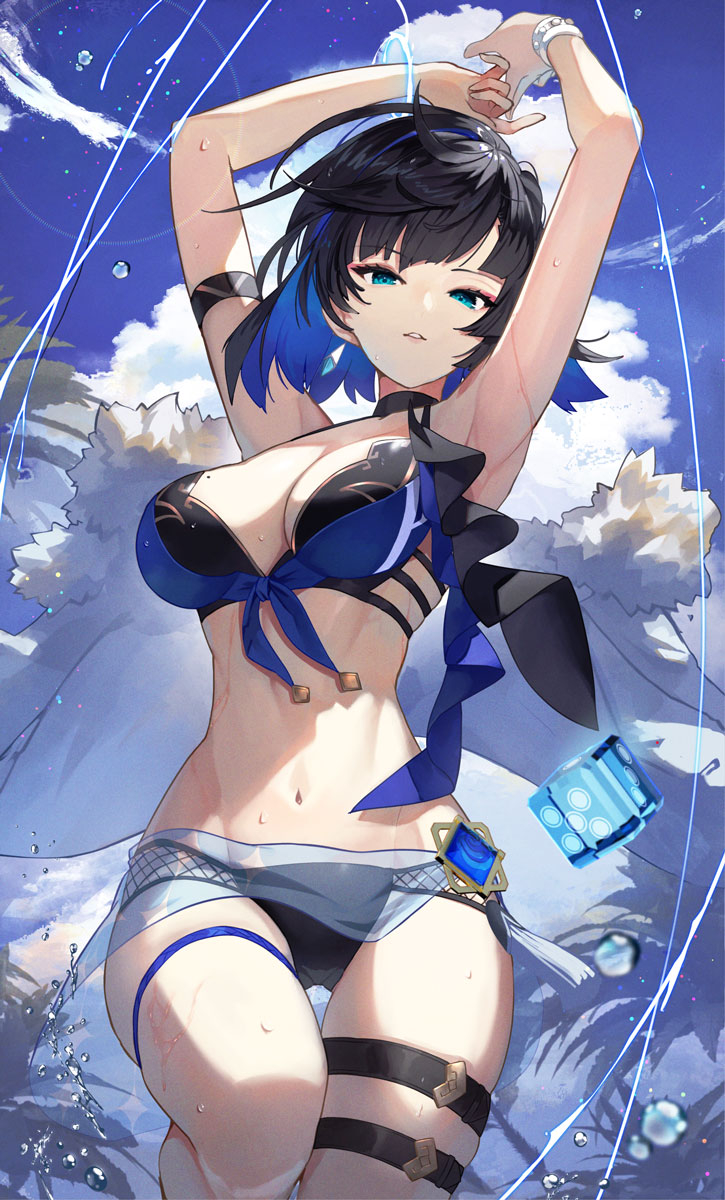 1girls, arm strap, armpits, arms up, bikini, black hair, blue hair, blue sky, bracelet, breasts, cleavage, cloud, colored inner hair, dice, female, female only, fur trim, fur-trimmed jacket, genshin impact, green eyes, highres, jacket, jewelry, large breasts, looking at viewer, mole, mole on breast, multicolored hair, navel, parted lips, sarong, scottie (phantom2), short hair, sky, solo, stomach, swimsuit, tassel, thigh strap, two-tone hair, unworn jacket, vision (genshin impact), water, water drop, white jacket, yelan (genshin impact)