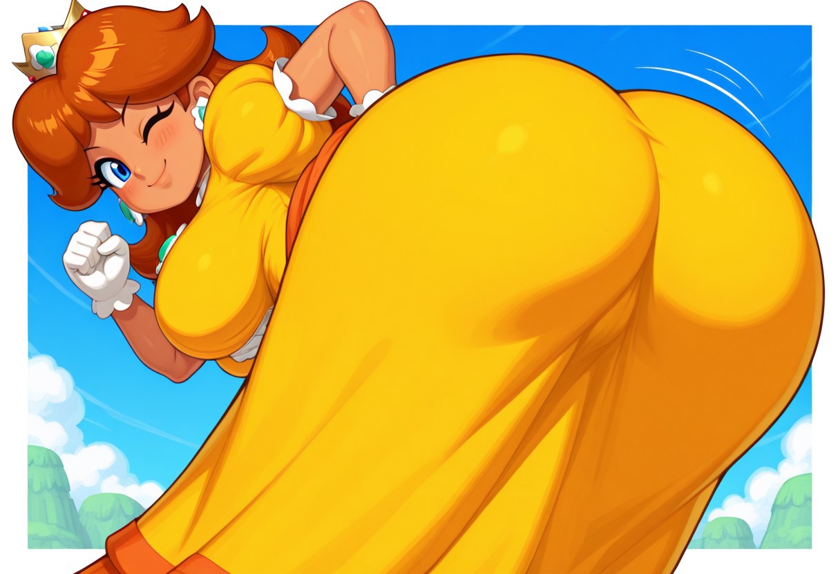 ai generated, ass, blue eyes, border, brooch, brown hair, closed mouth, clothing, curta1nss, dress, earrings, female, full body, gloves, high heels, highres, hip attack, jewelry, jpeg, mario (series), nintendo, one eye closed, polka dot, polka dot background, princess daisy, princess dress, smile, solo, super mario land, super smash bros. ultimate, tan body, white border, wink, yellow dress