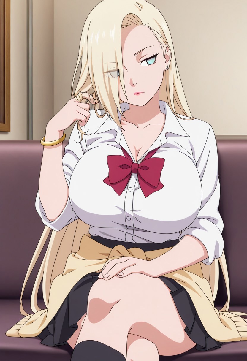 1girls, ai generated, alternate costume, anime style, aqua eyes, bare chest, bare thighs, blonde hair, blue eyes, blush, bored, bored expression, bowtie, bracelet, breasts, breasts bigger than head, busty, cleavage, clothing, collarbone, cosplay, costume, crossed legs, crossover, curvaceous, curvy, curvy body, curvy female, curvy figure, earrings, eyebrows visible through hair, eyes visible through hair, female, female only, hair over one eye, hair twirling, high resolution, hourglass figure, hourglass figured female, huge breasts, indoors, ino yamanaka, jewelry, kurashiki reina, light blue eyes, lipstick, living room, makeup, naruto, naruto (series), naruto shippuden, naruto: the last, no bra under clothes, oppai, pinup, playing with hair, pleated skirt, revealing clothes, saimin seishidou, school uniform, schoolgirl, shiny, shiny hair, shiny skin, shirt, shirt tucked in, sitting, sitting on couch, skimpy, skimpy clothes, skirt, sleeves rolled up, slim waist, socks, solo, stud earrings, sweater, sweater around waist, thighs, unbuttoned, unbuttoned shirt, uncensored, upper body, very long hair, voluptuous, voluptuous female, wide hips