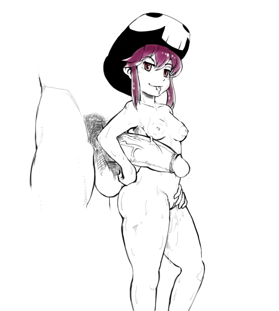 1boy 1girls :p areolae armpit_sex ass balls beanie breasts cowboy_shot female from_side hat height_difference huge_cock jakuzure_nonon kill_la_kill large_areolae large_balls large_testicles male male_pubic_hair monochrome navel nipples nude outercourse payot penis pink_eyes pink_hair pubic_hair pussy skull_print small_breasts solo_focus spot_color standing straight sweat thegoldensmurf tongue tongue_out uncensored