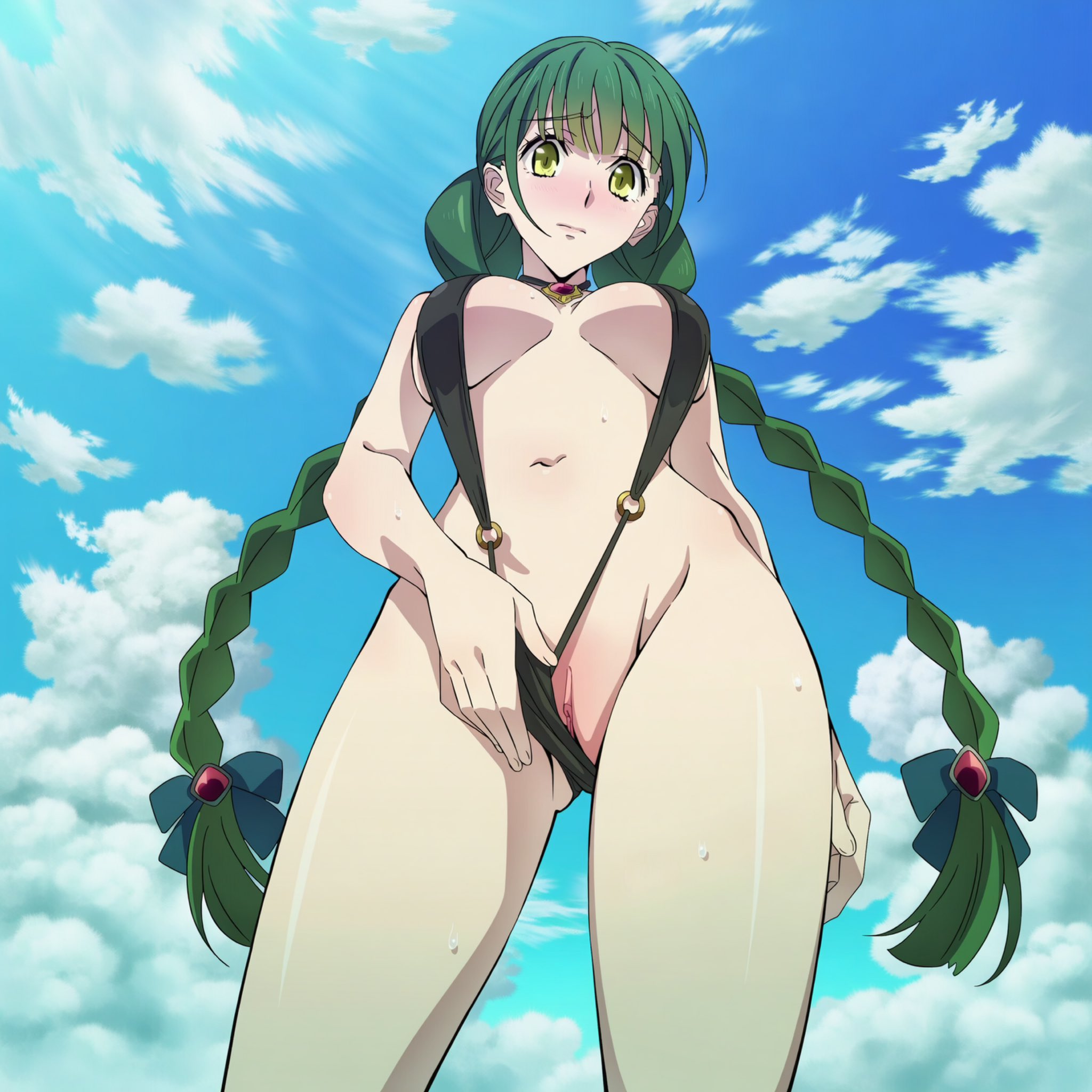 1girls, ai generated, blush, breasts, choker, closed mouth, clothing aside, cloud, duderu, female, from below, green hair, long hair, navel, outdoors, pussy, rishia ivyred, sky, sling bikini, slingshot swimsuit, solo, solo female, swimsuit, swimsuit aside, tate no yuusha no nariagari, the rising of the shield hero, thighs, twin braids
