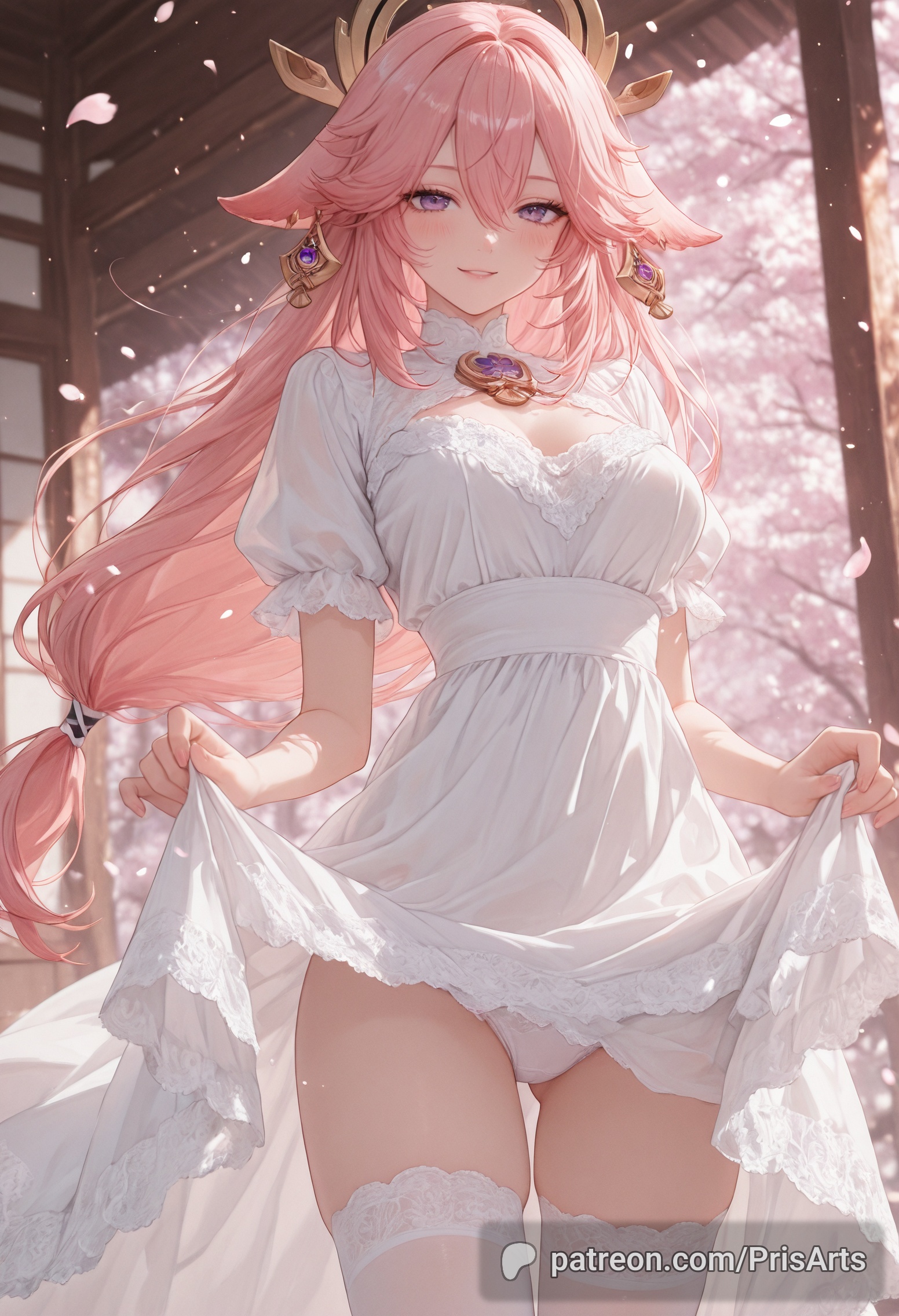 ai generated, bangs, beautiful, cherry blossoms, clothes lift, clothes pull, clothing, dress, dress pull, dress up, female, female only, fox ears, fox girl, fully clothed, genshin impact, gorgeous, hoyoverse, legs, lifting clothing, lifting skirt, light skin, light-skinned female, looking at viewer, mihoyo, panties, pantsu, pink hair, prisarts, purple eyes, shrine, shrine maiden, standing, teasing, teasing viewer, thighhighs, thighs, upskirt, white dress, yae miko, yae miko (genshin impact)
