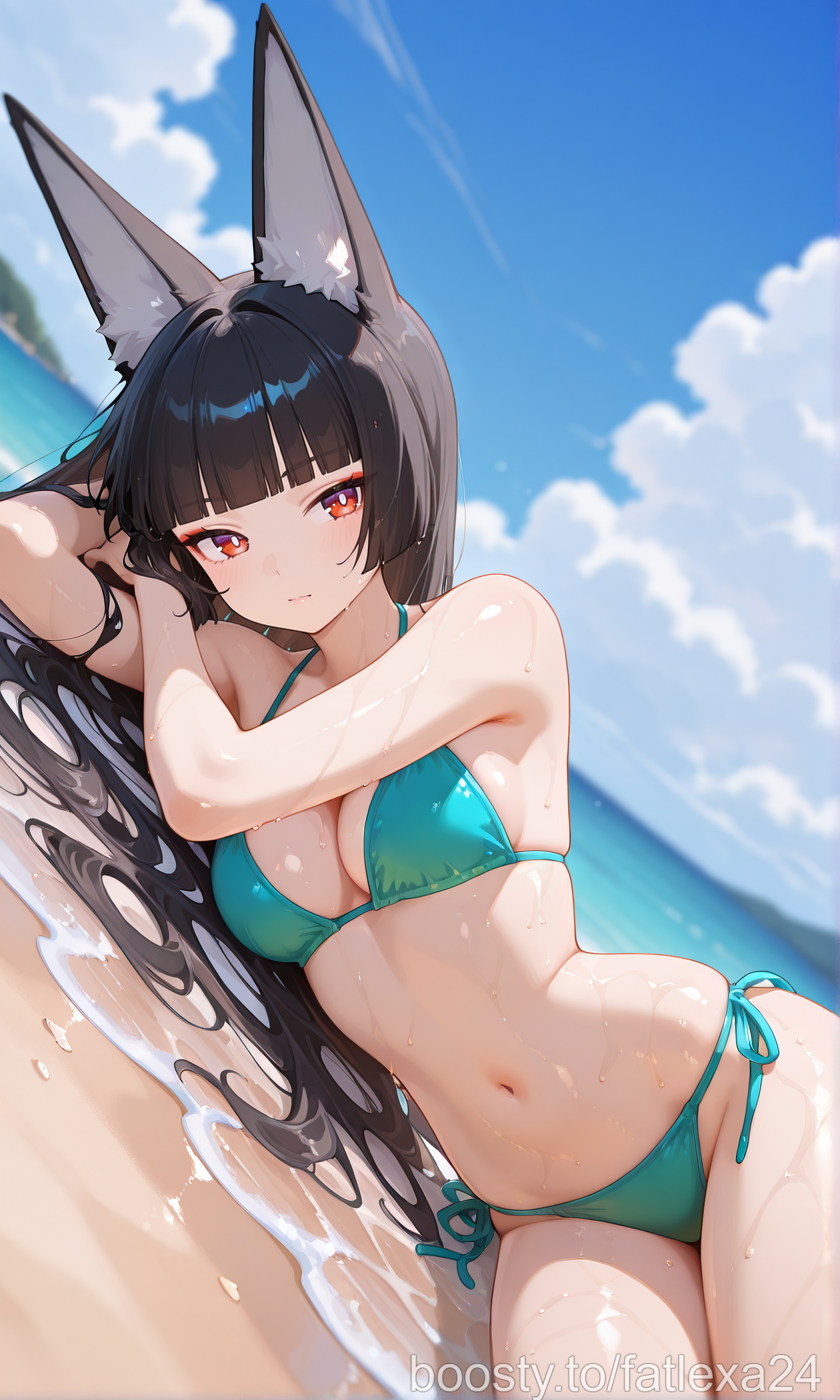ai generated, animal ears, bikini, brown hair, dark hair, female, fox ears, hoshimi miyabi, navel, red eyes, smile, thighs, wet, zenless zone zero