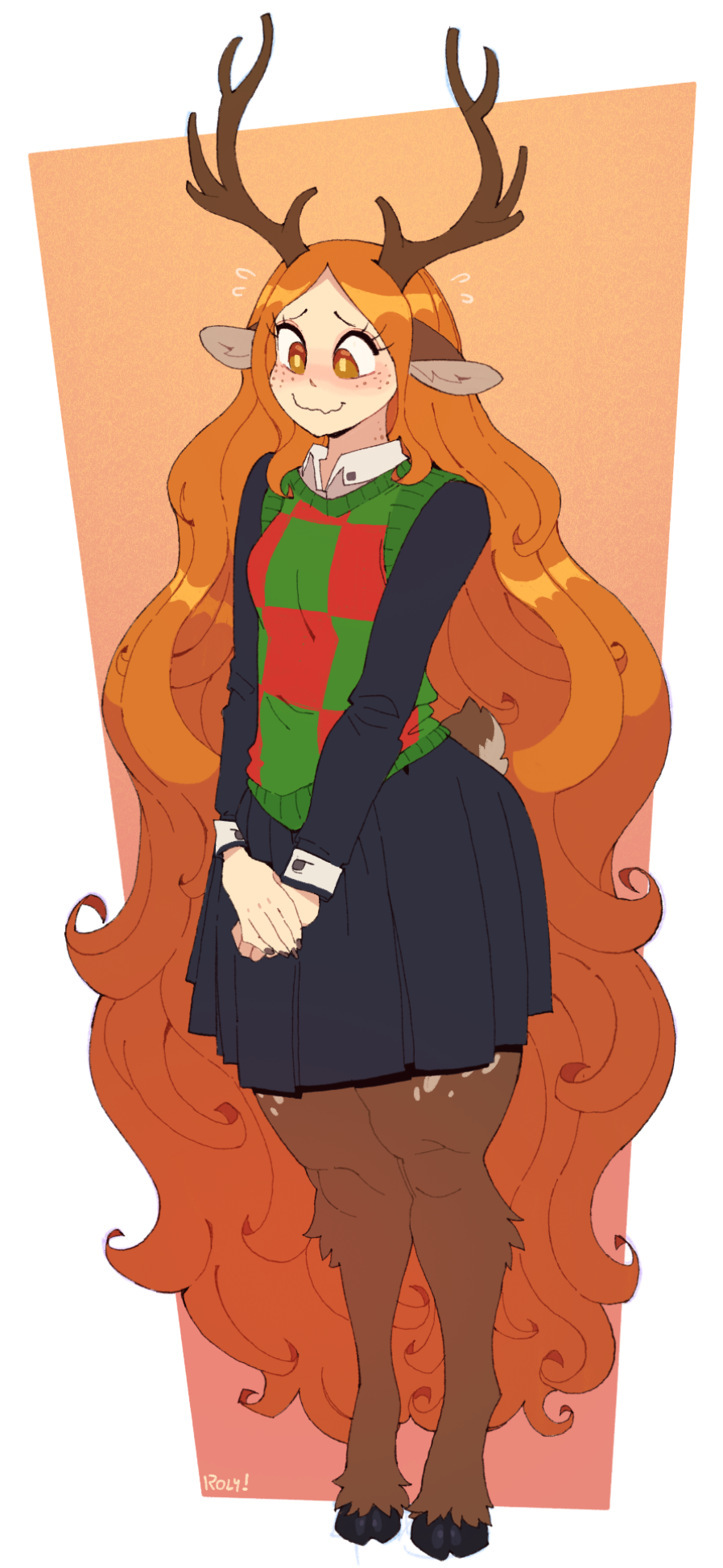 2025, animal humanoid, antlers, blush, bottomwear, brown body, brown fur, clothed, clothing, cute, deer, deer humanoid, deltarune, faun, female, freckles, freya agalith, fur, hair, hi res, hooves, horn, humanoid, light body, light skin, long hair, looking down, mammal, mammal humanoid, markings, nervous, nervous smile, noelle holiday, noelle holiday (cosplay), orange hair, roly, scut tail, short tail, skirt, smile, solo, spots, spotted body, spotted fur, spotted markings, sweater, sweater vest, tail, tan spots, topwear, undertale (series), vest