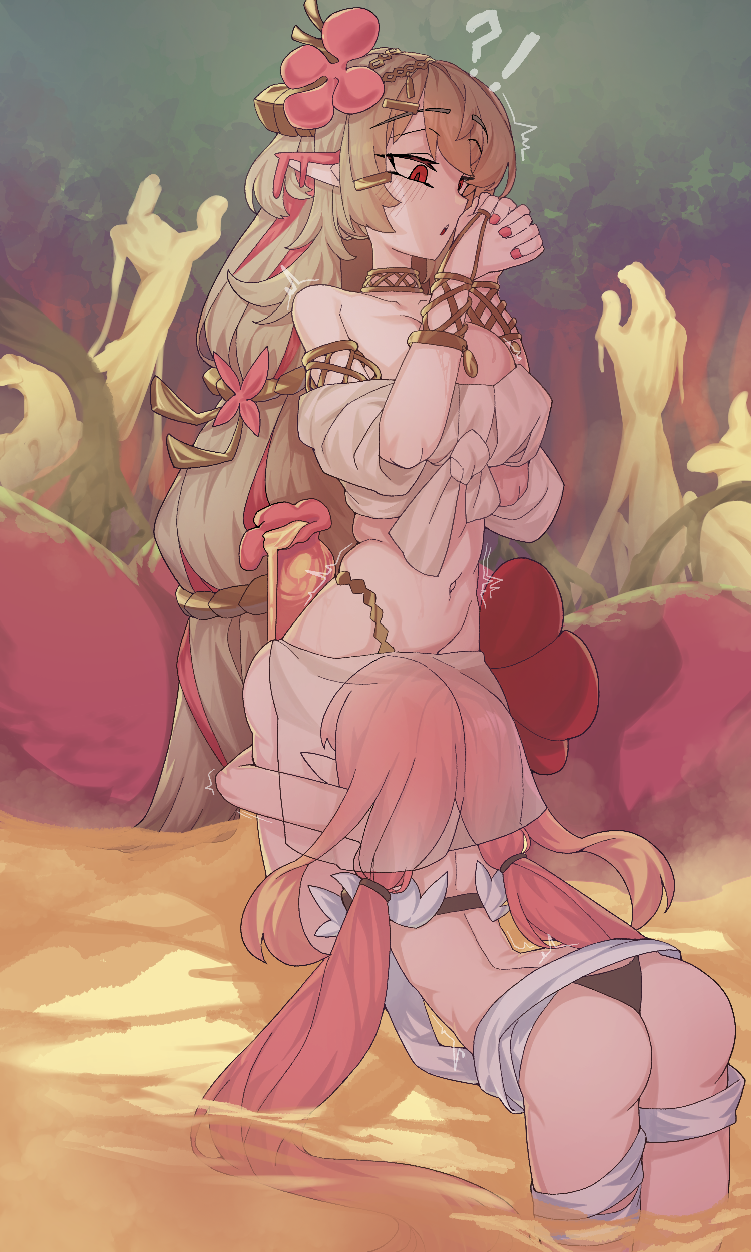 2d, 2d (artwork), 2girls, ass, barely clothed, bending over, bent over, braid, carnivorous plant, cunnilingus, cunnilingus through clothes, female, female only, fluids, forest background, gold jewelry, hair ornament, licking pussy, loincloth, long hair, midriff, petite body, petite female, pointy ears, pussy, red eyes, red hair, red strand of hair, standing, surprised, tartarie, traptrix, traptrix pinguicula, traptrix rafflesia, twintails, yu-gi-oh!, yuri