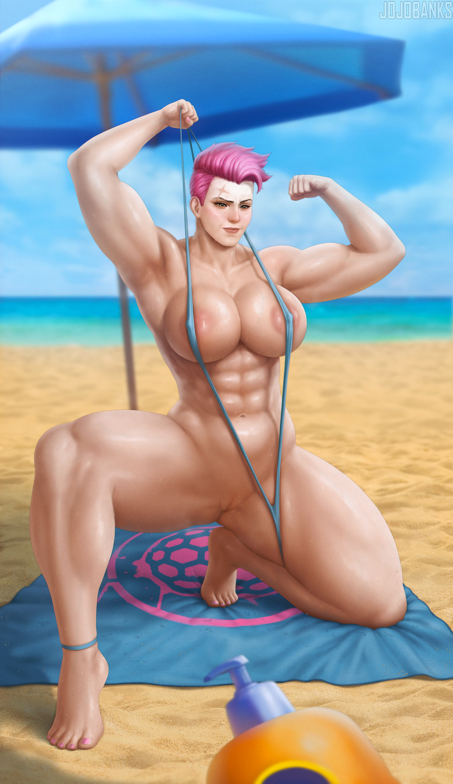 abs, armpit, barefoot, beach, big breasts, big muscles, big thighs, blizzard entertainment, blush, blushing at viewer, blushing female, breasts, digital drawing (artwork), erect nipples, eyebrow scar, fanart, feet, female, female abs, flexing, flexing arms, flexing bicep, flexing muscles, green eyes, hot, jojobanks, looking at viewer, muscles, muscular, muscular female, nail polish, one-piece swimsuit, overwatch, overwatch 2, pink hair, pink nail polish, pink nails, public, public exposure, public indecency, public nudity, pussy, sand, shaved pussy, short hair, smile, smiling at viewer, solo, solo female, solo focus, string bikini, summer, sweat, sweating, sweaty, sweaty body, swimsuit, swimsuit aside, thick legs, thick thighs, v-string bikini, video game character, zarya