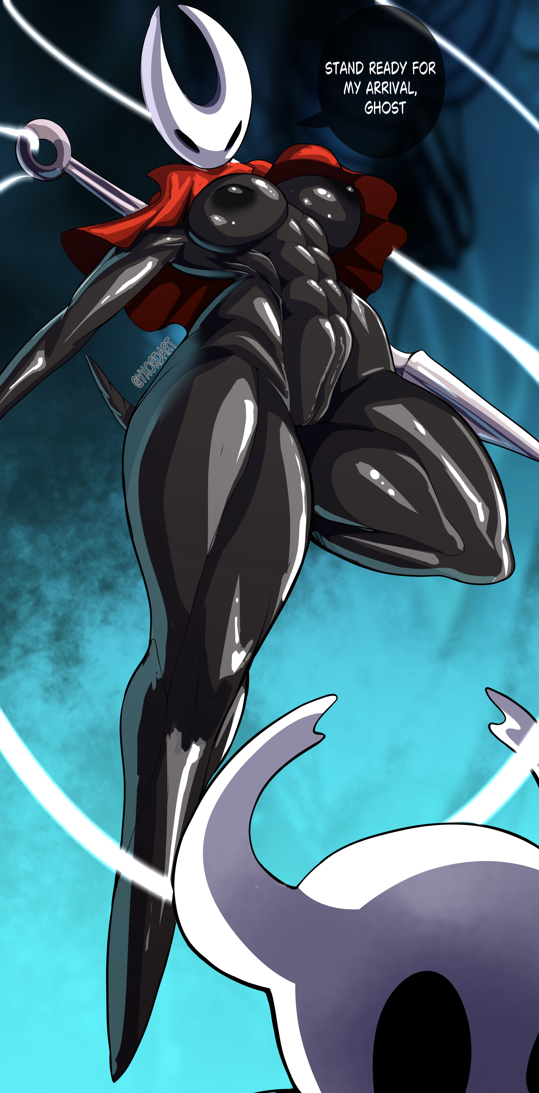 1girls, abs, big breasts, breasts, female, hollow eyes, hollow knight, hornet (hollow knight), incest, muscles, the knight (hollow knight), yxordart