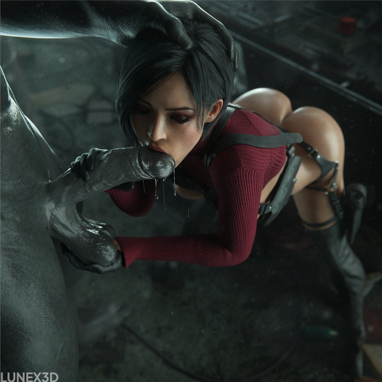 1boy, 1girls, 1monster, 3d, ada wong, asian, asian female, balls, big penis, biohazard, black gloves, black hair, blowjob, breasts, capcom, closed eyes, cock hungry, cock worship, cum, cum drip, cupping balls, dripping cum, drool, felation, female, female focus, femsub, from above, gloved handjob, gloves, hand on balls, hand on head, hand on penis, handjob, handjob while sucking, handjob with gloves, holding penis, holster, interspecies, leather gloves, licking penis, light skin, light-skinned female, looking at partner, lunex3d, male, monster, monster on female, mr x, muscular, muscular male, nude, nude female, nude male, oral, oral sex, partially clothed, penis, pussy, resident evil, resident evil 2, resident evil 2 remake, resident evil 4, resident evil 4 remake, saliva, sex, short hair, submissive female, touching penis, tyrant, umbrella rpd