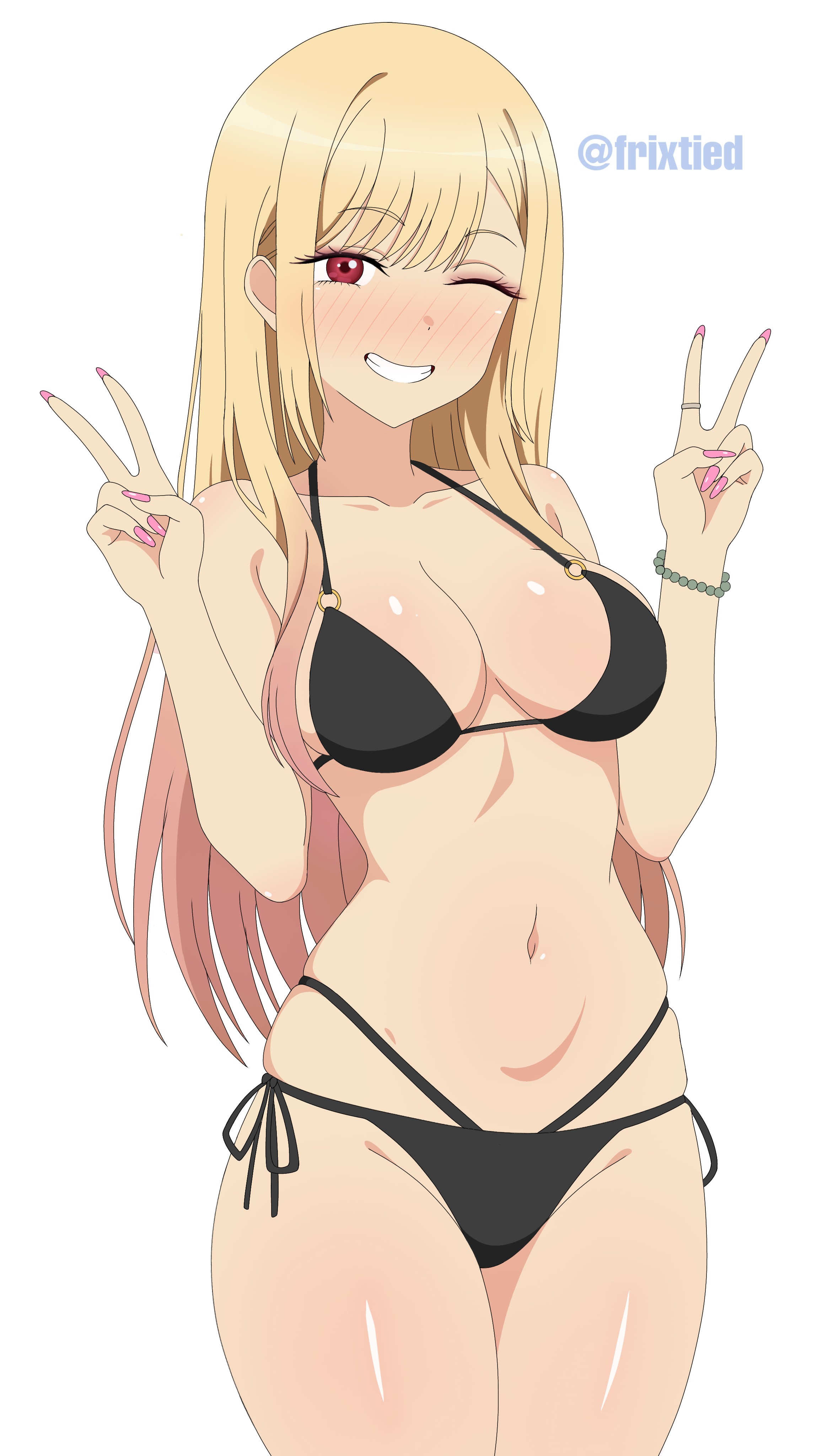ass, big ass, big breasts, big butt, big thighs, big titties, bikini, breasts, canon couple, clothes falling off, curvaceous, curvaceous female, curvaceous figure, curvy, curvy figure, curvy hips, female, female focus, female only, frixtied, gojou wakana, kitagawa marin, long hair, looking at viewer, sono bisque doll wa koi wo suru, yellow hair