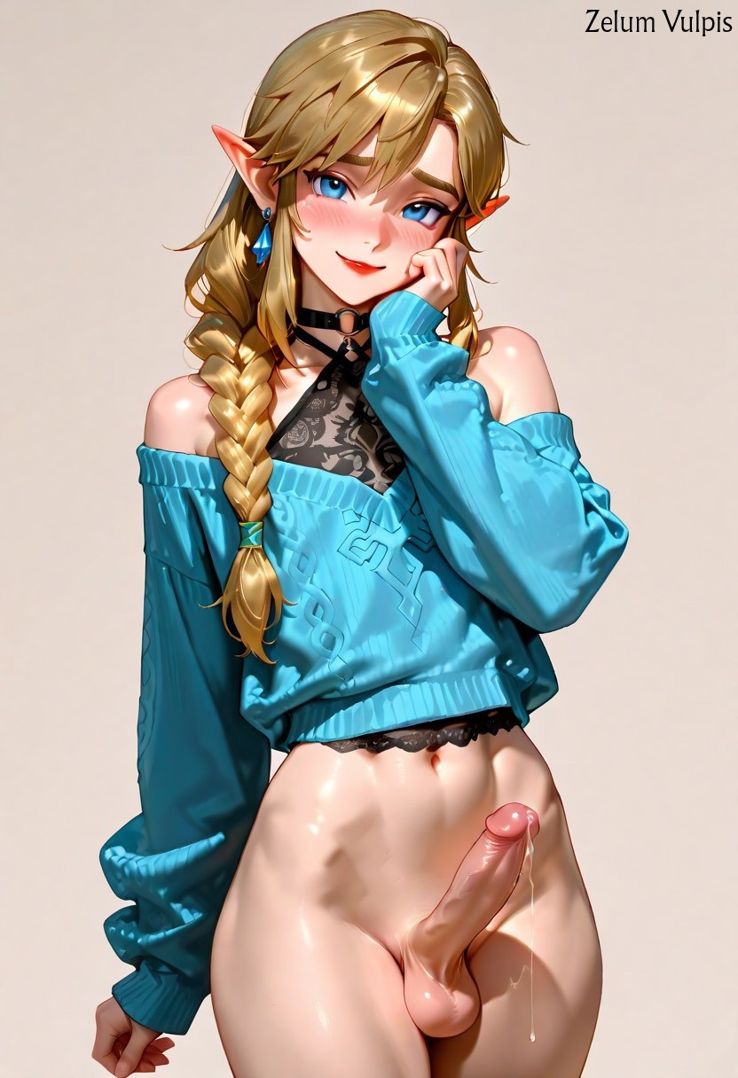 1boy, ai generated, balls, bare shoulders, blonde hair, blue eyes, blue sweater, blush, bottomless, choker, dripping precum, earrings, elf ears, erection, femboy, link, long hair, male, narrow waist, otoko no ko, penis, ponytail, red lipstick, self upload, the legend of zelda, yaoi, zelum vulpis