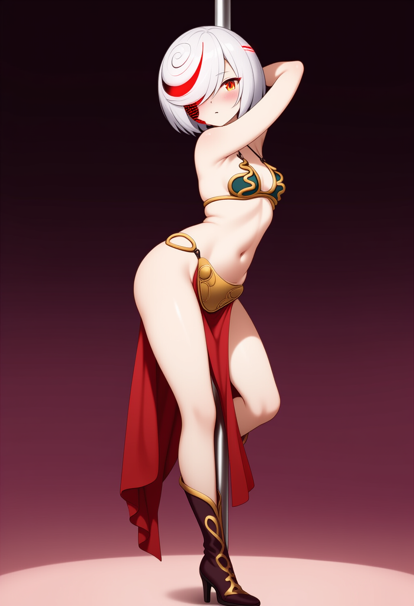 aged up, ai generated, blush, crossover, crossover cosplay, female, novelai, one eye covered, open mouth, pole dancing, sage (sonic frontiers), sega, slave bikini, slave leia (cosplay), sonic (series), sonic frontiers, star wars, stripper pole, white hair