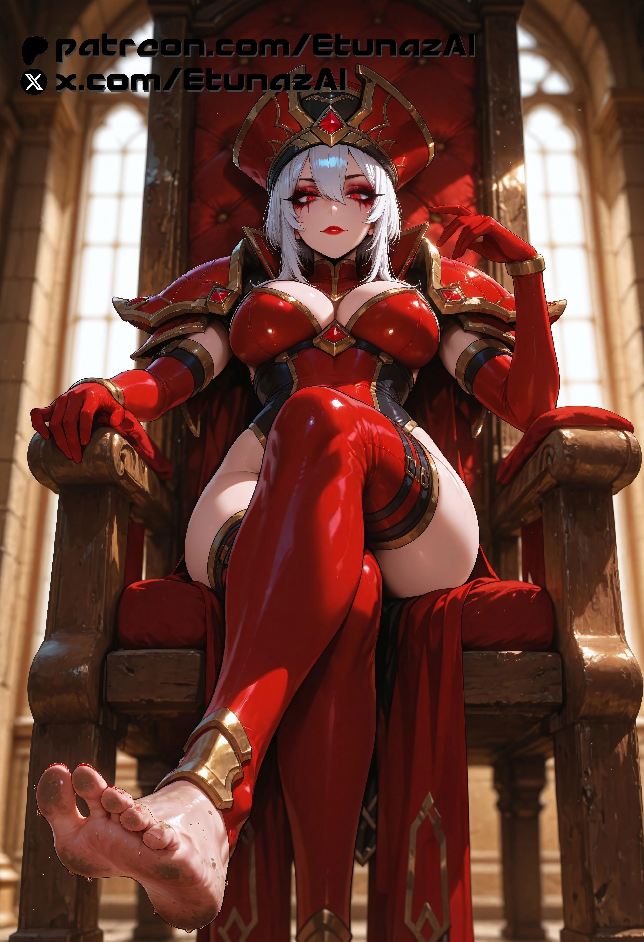 ai generated, crossed legs, dirty feet, etunazai, female, femdom, foot fetish, legs, makeup, red eyes, sally whitemane, white hair, world of warcraft