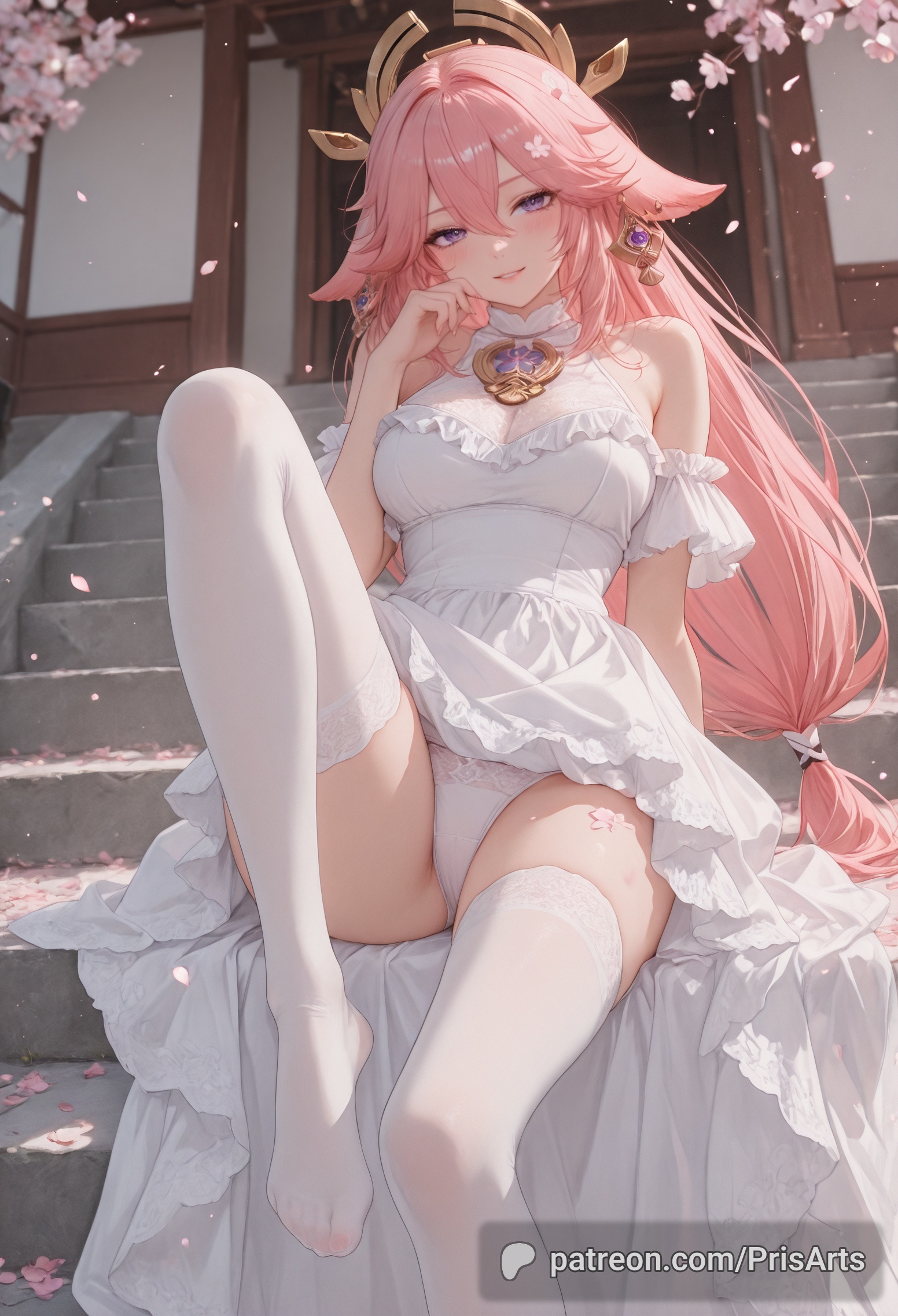 ai generated, bangs, beautiful, cherry blossoms, clothes lift, clothes pull, clothing, dress, dress pull, dress up, female, female only, fox ears, fox girl, fully clothed, genshin impact, gorgeous, hoyoverse, legs, lifting clothing, lifting skirt, light skin, light-skinned female, looking at viewer, mihoyo, panties, pantsu, pink hair, prisarts, purple eyes, shrine, shrine maiden, teasing, teasing viewer, thighhighs, thighs, upskirt, white dress, yae miko, yae miko (genshin impact)