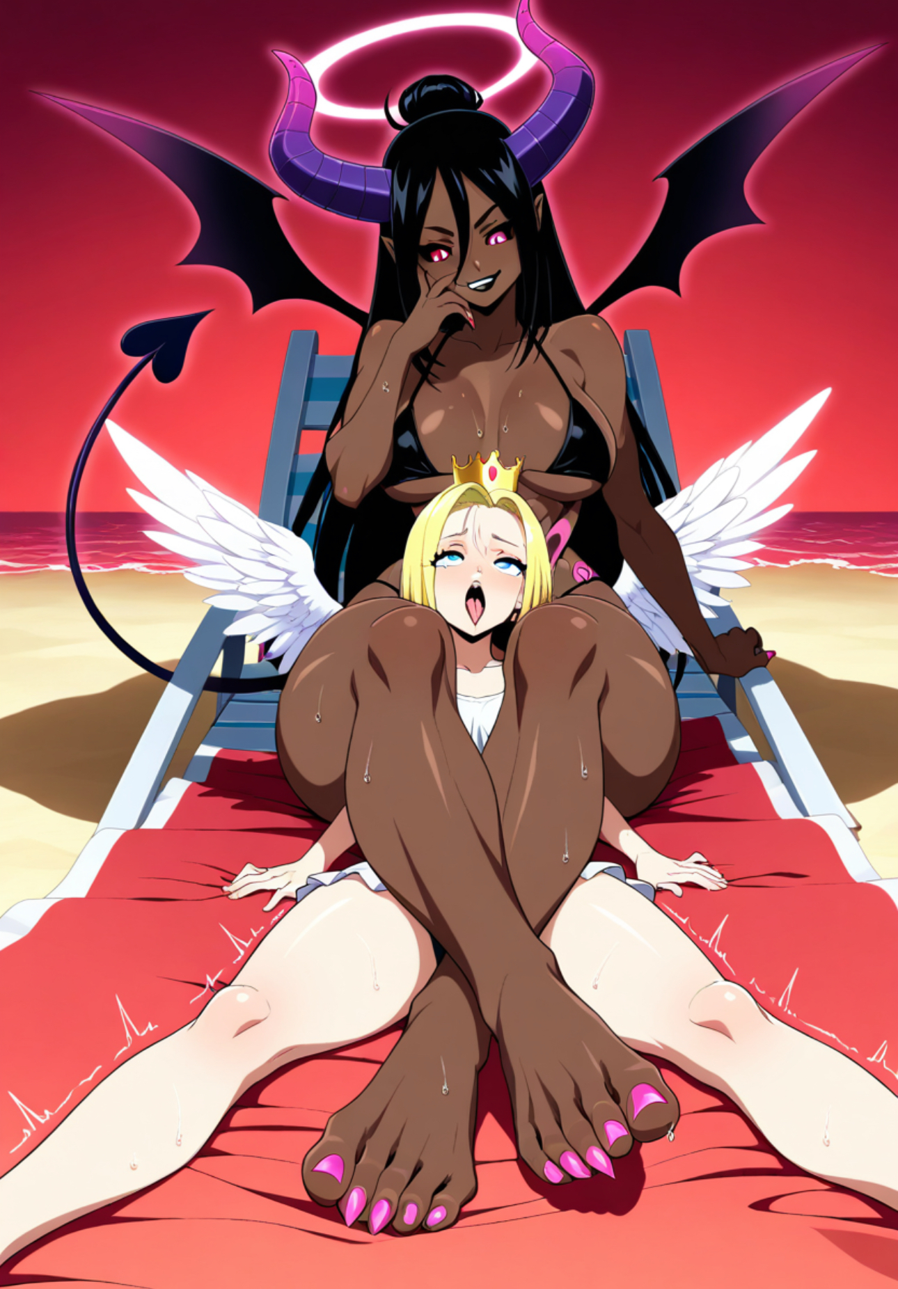 2girls, abs, ai generated, angel, angel wings, bat wings, corruption, dark-skinned female, demon girl, feet, female, femdom, interracial, lesbian domination, light-skinned female, long toenails, multiple females, multiple girls, soles, succubus, succubus tattoo, toes, tongue out, yuri