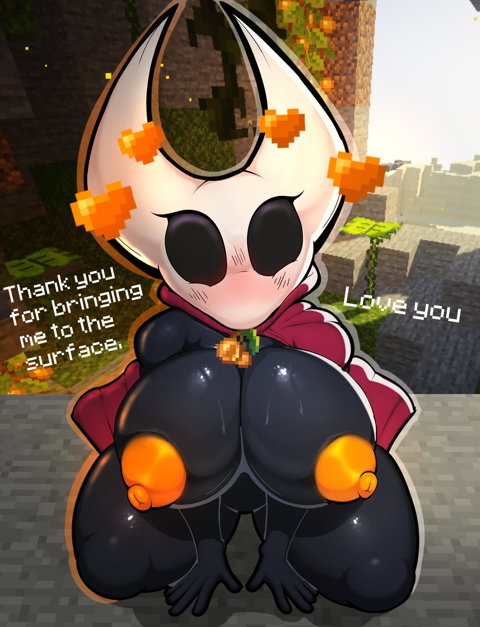 1girls, big breasts, black body, blush, breasts, cave entrance, english text, female, female only, foxgumie, hearts, hollow knight, hornet (hollow knight), i love you, kneeling, large breasts, looking at viewer, minecraft, naked, nipples, nude, solo, tagme, text