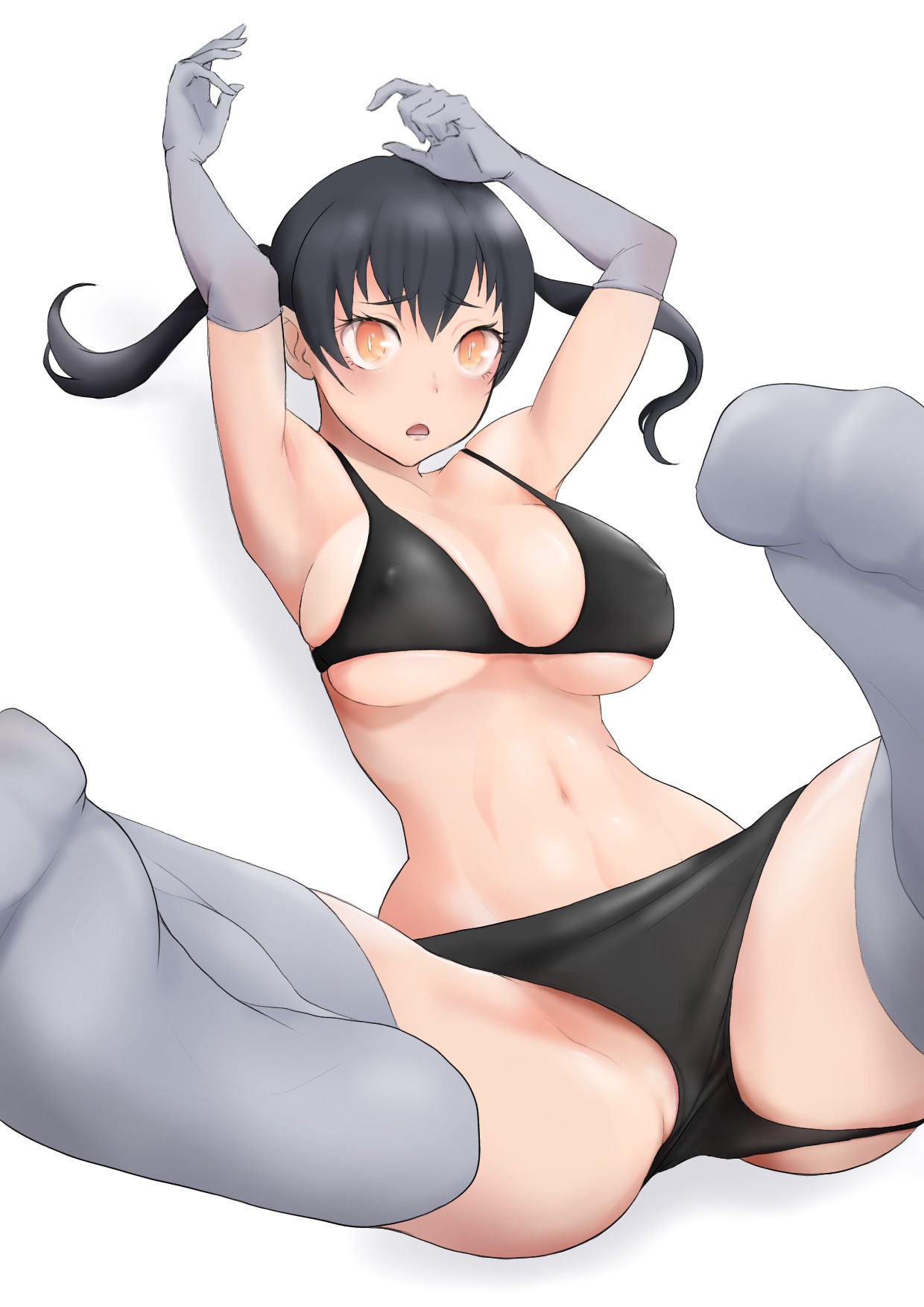 1girls, arm above head, arm up, armpit, armpit crease, armpit peek, armpits, arms above head, arms up, bare armpits, bare belly, bare chest, bare hips, bare midriff, bare navel, bare shoulders, bare skin, bare thighs, belly, belly button, big breasts, bikini, bikini bottom, bikini only, bikini top, black bikini, black bikini bottom, black bikini top, black hair, black string bikini, black swimsuit, black swimwear, black-haired female, breasts, busty, busty female, busty teenager, calves, collarbone, digital, digital art, digital drawing, digital drawing (artwork), digital media, digital media (artwork), elbow gloves, elbows, enen no shouboutai, exposed armpits, exposed belly, exposed chest, exposed hips, exposed midriff, exposed navel, exposed shoulders, exposed skin, exposed thighs, feet, feet up, female, female focus, female only, fingers, fire force, firefighter, foot up, full body, gloves, grey elbow gloves, grey gloves, grey socks, groin, hair between eyes, hairless armpits, half naked, half nude, halterneck, hand above head, hand up, hands above head, hands up, high resolution, highres, knees, kotatsu tamaki, large boobs, large breasts, lean figure, leg up, legs, legs up, linea alba, long hair, looking at viewer, midriff, naked, naked female, naked woman, narrow waist, navel, nipple bulge, nude, nude female, nudity, open mouth, orange eyes, orange-eyed female, parted lips, pixiv id 74411726, plump breasts, semi nude, shaved armpits, shoulders, simple background, slender body, slender waist, slim waist, socks, soles, solo, stomach, string bikini, swimsuit, swimwear, teenage female, teenager, thighs, toes, tongue, twintails, twintails (hairstyle), underboob, white background, white pupils, wide hips, young female, young woman