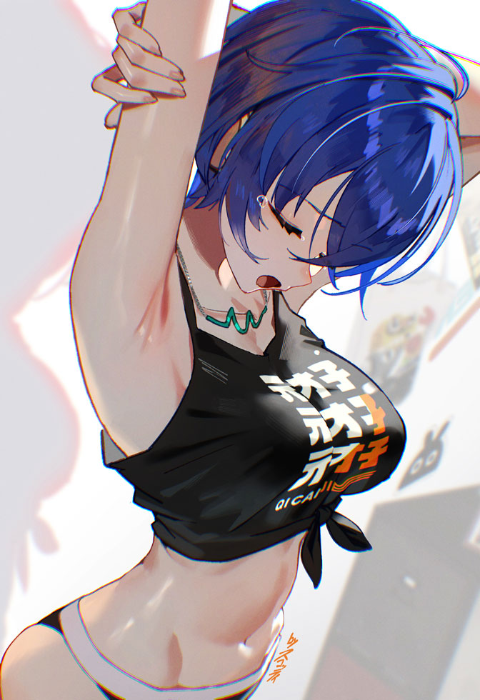 1girls, armpits, arms up, belle (zenless zone zero), black panties, black shirt, black tank top, blue hair, breasts, cleavage, closed eyes, female, female only, jewelry, large breasts, navel, necklace, open mouth, panties, scottie (phantom2), shirt, short hair, solo, stomach, stretching, tank top, tied shirt, underwear, yawning, zenless zone zero
