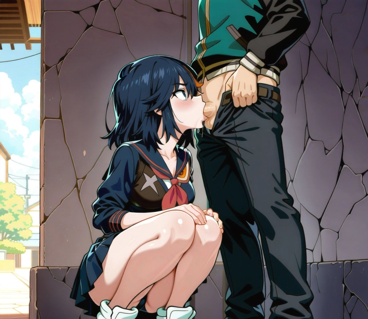 ai generated, blowjob, clothed female, clothed male, crossover, dark hair, female, kill la kill, kono subarashii sekai ni shukufuku wo!, male, matoi ryuuko, oral, public, satou kazuma