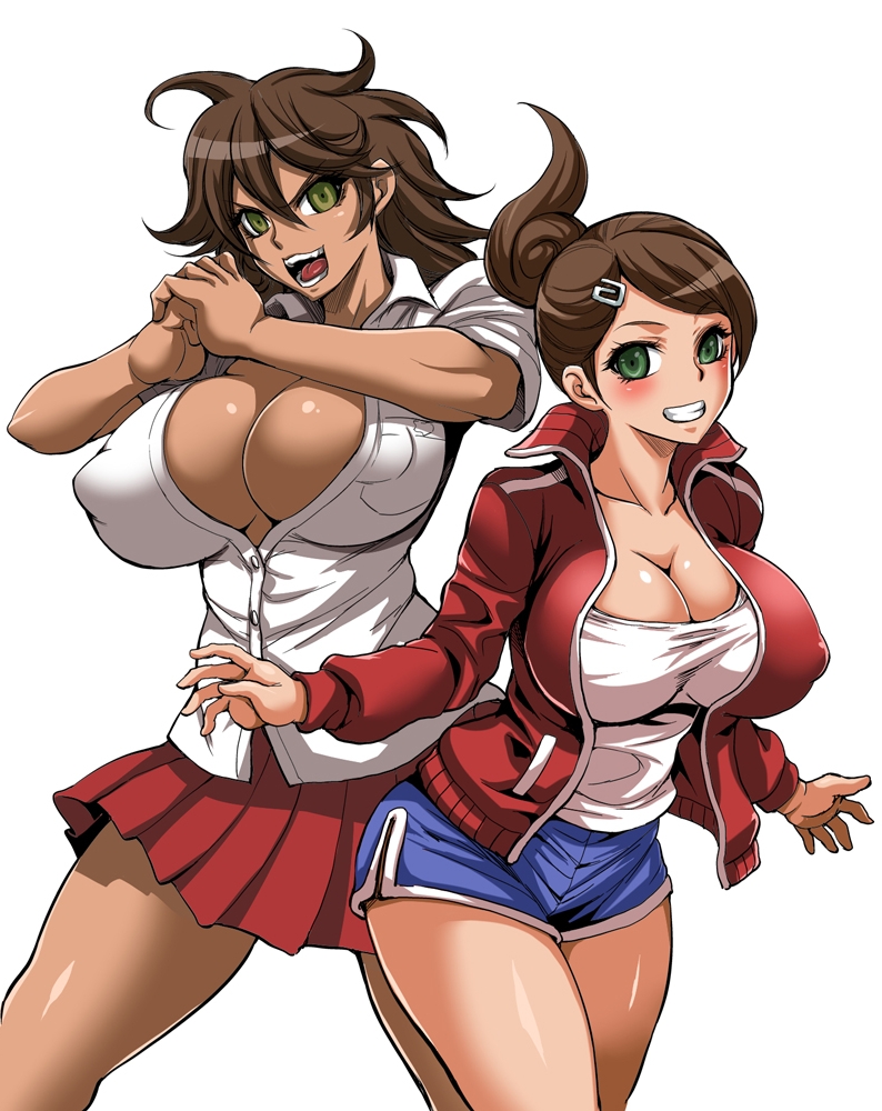 10s, 2girls, alternate breast size, asahina aoi, big breasts, blush, breasts, brown hair, cleavage, danganronpa, danganronpa 1, danganronpa 2: goodbye despair, danganronpa: trigger happy havoc, dark skin, dark-skinned female, erect nipples, female, female only, green eyes, hair ornament, hairclip, huge breasts, jacket, large breasts, long hair, multiple females, multiple girls, musashino sekai, nipples, no bra, open clothes, open mouth, open shirt, owari akane, ponytail, shirt, shorts, simple background, skirt, smile, super danganronpa 2, tagme, track jacket, white background