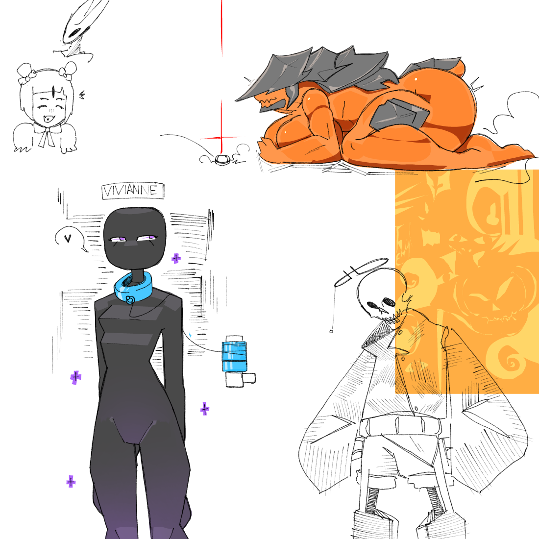 4girls, armored female, charger (helldivers), enderman, enderwoman, escale, female, gradient body, halo, heart symbol, helldivers, helldivers 2, hollow knight, hollow knight: silksong, hornet (hollow knight), leash, leash and collar, leashed collar, leashed female, minecraft, muffet, multiple females, multiple girls, naked, naked female, name tag, no visible genitalia, orange body, purple eyes, simple background, simple shading, skull, speech bubble, terminid, undertale