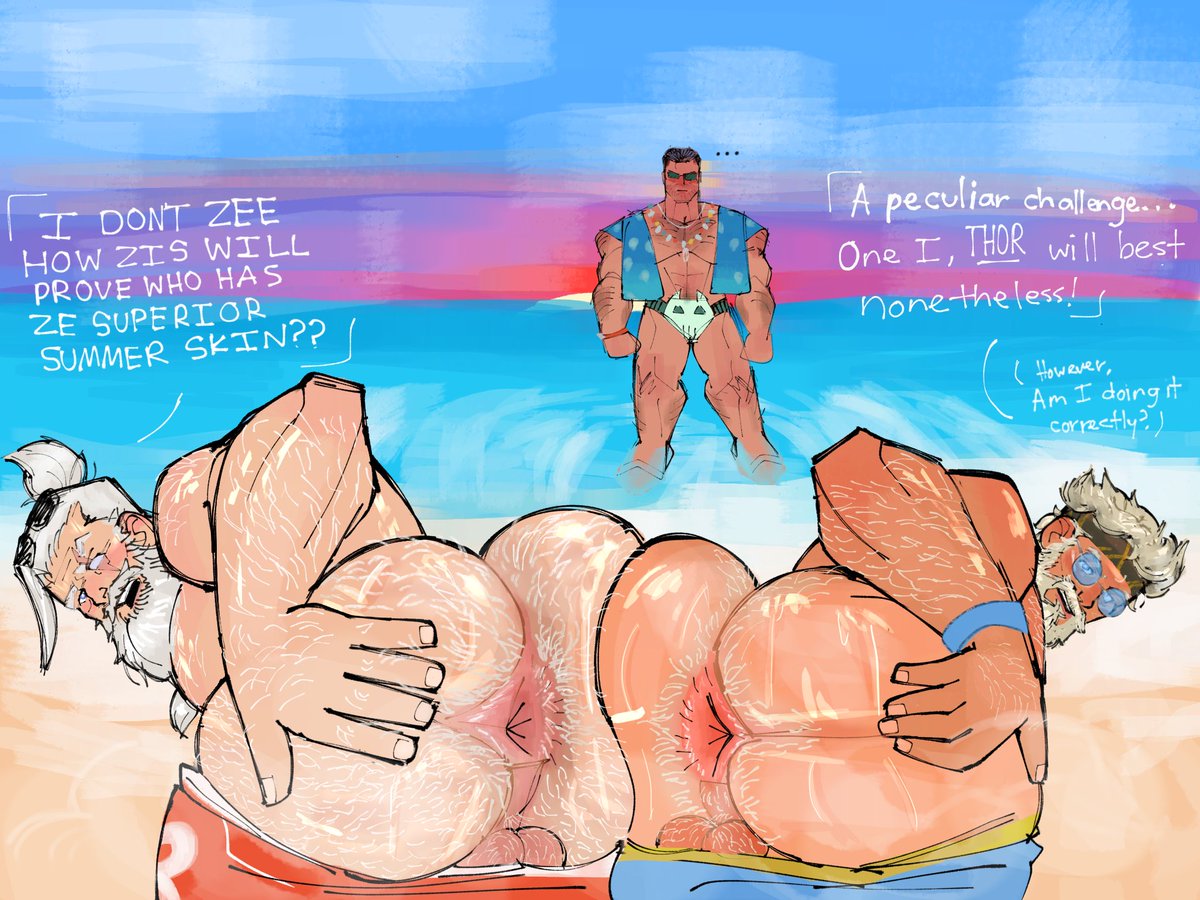 3boys, ass, ass focus, bara, beach, beard, big ass, big butt, bubble ass, bubble butt, competition, competition swimsuit, crossover, dilf, fat ass, fat butt, gay, hairy, hairy ass, hairy butt, hairy male, huge ass, huge butt, large ass, large butt, male, male only, marvel, marvel comics, marvel rivals, muscular, muscular male, overwatch, punisher (aqua arsenal), punisher (francis castle), punisher (marvel comics), punisher (marvel rivals), reinhardt, round ass, round butt, scar, scar on face, sprungtrapped, summer, take your pick, thick ass, thick butt, thor (marvel rivals), thor (marvel), thor (series), thor (worthy waves), white hair, yaoi