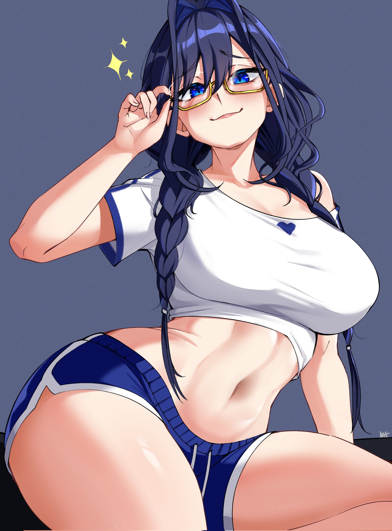 1girls, big breasts, black-framed eyewear, blue background, blue eyes, blue hair, blue shorts, breasts, clarkekitsp, crop top, dolphin shorts, female, female only, glasses, hololive, hololive english, hololive english -council-, large breasts, long hair, looking at viewer, midriff, navel, ouro kronii, ouro kronii (maid), shirt, short shorts, shorts, solo, sparkle, tagme, tongue, tongue out, virtual youtuber, white shirt