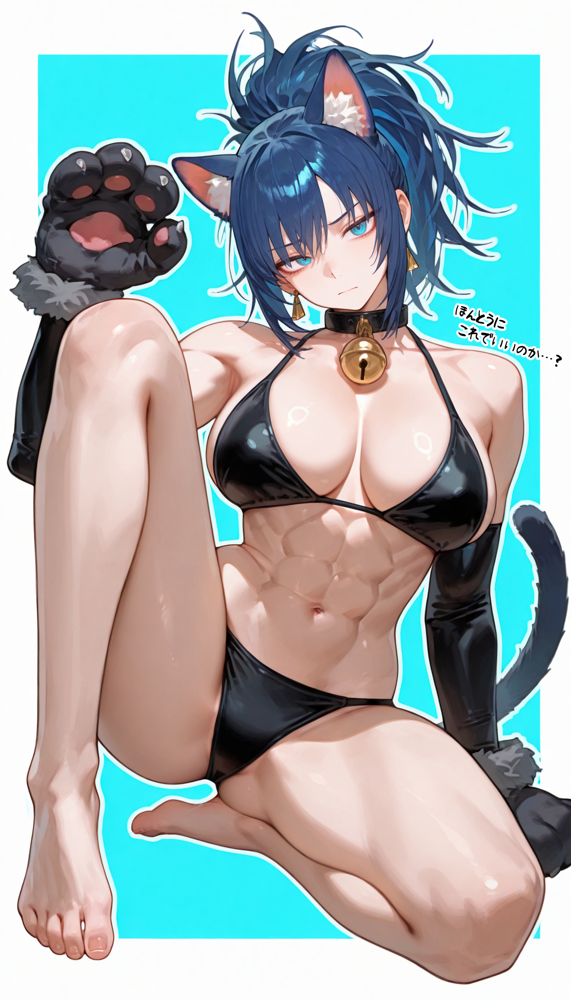 1girls, abs, ai generated, amazon, armwear, bare legs, bare shoulders, bare thighs, barefoot, bbw, bell collar, big breasts, bikini, bikini bottom, bikini top, black armwear, black bikini, black bikini bottom, black bikini top, black lingerie, black panties, black swimsuit, black underwear, blue eyes, blue hair, breasts, busty, cameltoe, cat bell, cat collar, cat ears, cat girl, cat tail, catgirl, choker, cleavage, collar, cute, drowsy sheep, elbow gloves, eyeliner, fake animal ears, fake tail, feet, female, female focus, female only, foot fetish, foot focus, french tip, french toenails, head tilt, hi res, high resolution, highres, ikari warriors, japanese text, king of fighters, king of fighters xiv, king of fighters xv, kof, large breasts, latex gloves, leona heidern, light skin, light-skinned female, lingerie, messy hair, muscle mommy, muscles, muscular, muscular female, pale skin, pale-skinned female, panties, paw gloves, paw pose, pawpads, paws, petplay, pinup, ponytail, revealing clothes, sitting, skimpy, skimpy bikini, snk, snk heroines: tag team frenzy, solo, solo female, solo focus, swimsuit, text, the king of fighters, tied hair, toenails, toes, toned, toned body, toned female, toned stomach, underwear, very high resolution