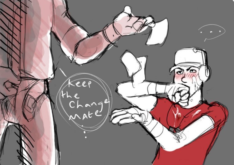 blowjob, blushing profusely, bukkake, cum on clothes, cum on face, cum on upper body, facial, fellatio, gay, getting dressed, glaring, implied oral, kneeling, male, male only, payment, prostitution, scout (team fortress 2), sniper (team fortress 2), syberfox, team fortress 2, twink, wiping mouth, yaoi