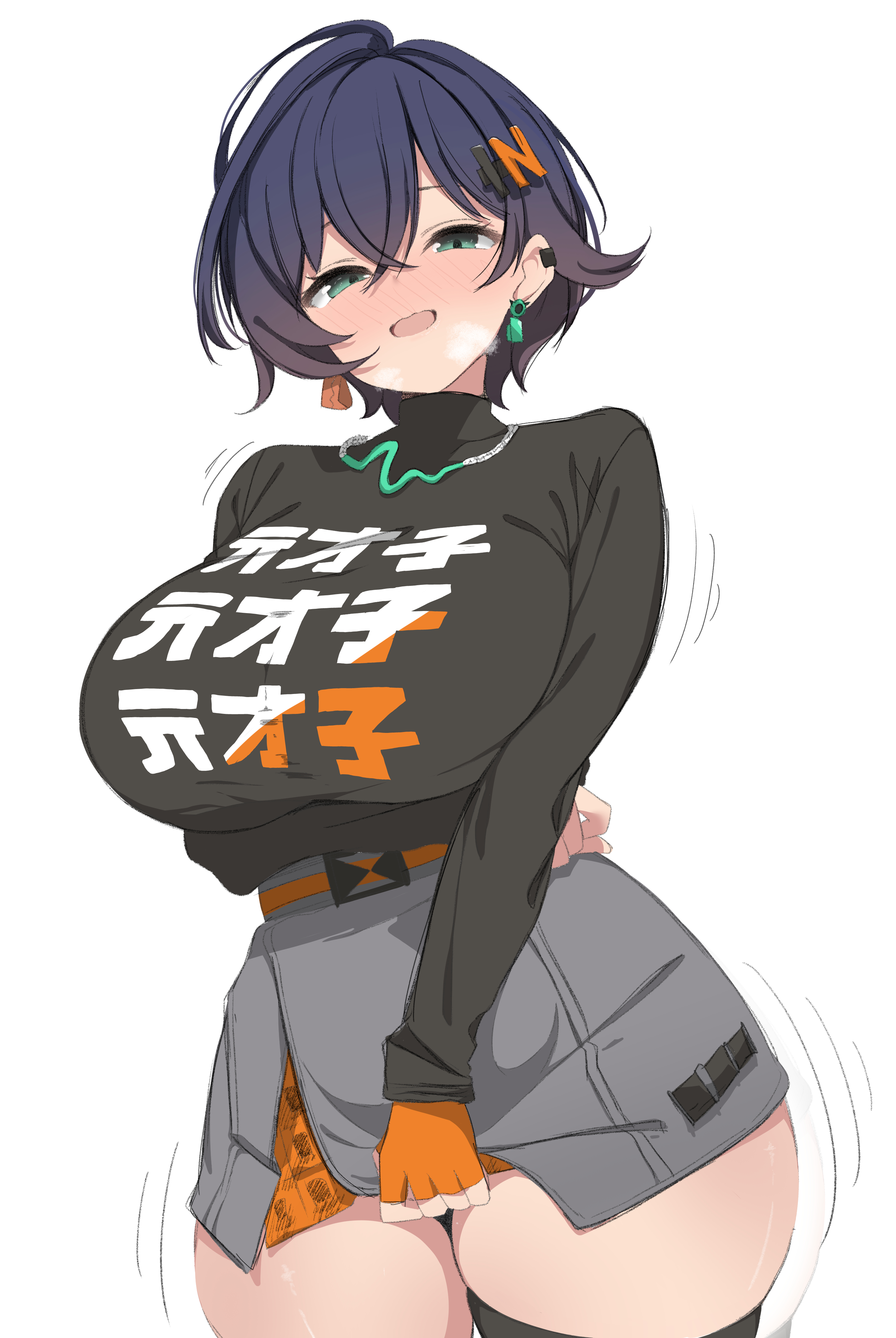 1girls, absurdres, alternate breast size, alternate breast size (larger), ass, belle (zenless zone zero), belt, big breasts, black shirt, blue hair, blush, breasts, breath, earrings, embarrassed, female, gloves, grey skirt, hair ornament, highres, huge breasts, jewelry, knees, large breasts, long sleeves, male, mature male, motion lines, open mouth, shirt, short hair, shy, skirt, smile, standing, steam, thick thighs, thighhighs, thighs, white background, wide hips, xionxxxxion, zenless zone zero
