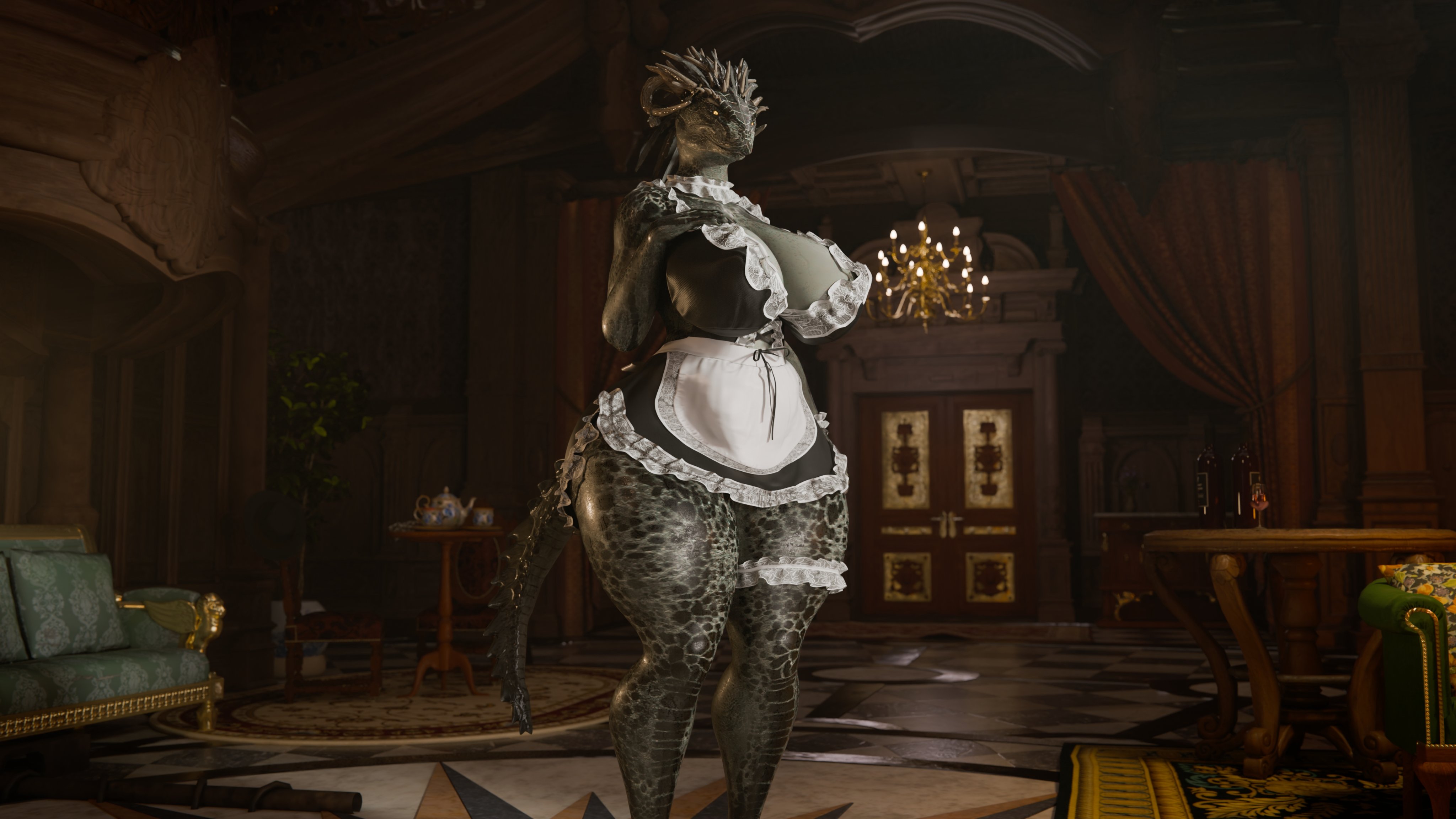 1girls, 2025, 3d, alternate version available, anthro, argonian, argonian female, ass, ass bigger than head, bethesda softworks, big ass, big breasts, big butt, breasts, breasts bigger than head, bubble butt, clothing, curvaceous, curvy, curvy figure, female, female only, guidugalle, guimontag, horns, huge ass, huge breasts, lifts-her-tail, lusty argonian maid, maid, maid uniform, mostly clothed, reptile, scalie, skyrim, solo, solo female, tail, the elder scrolls, thick thighs, voluptuous, voluptuous female, wide hips, yellow eyes
