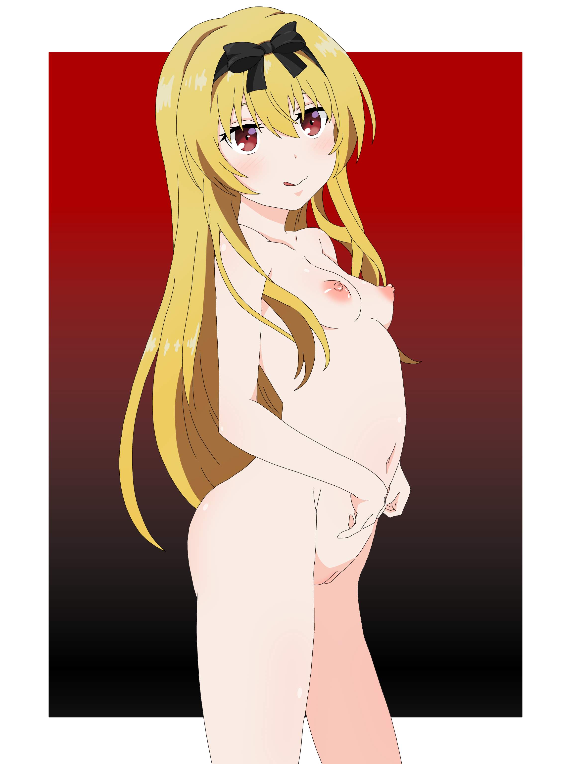 1girls, ankake pasta, areolae, arifureta shokugyou de sekai saikyou, bare arms, bare belly, bare breasts, bare chest, bare hands, bare hips, bare legs, bare midriff, bare navel, bare nipples, bare pussy, bare shoulders, bare skin, bare thighs, bare tits, bare torso, belly, belly button, black hair bow, black hair ribbon, black ribbon, blonde eyebrows, blonde female, blonde hair, blonde-haired female, breasts, cleft of venus, closed mouth smile, collarbone, completely naked, completely naked female, completely nude, completely nude female, digital, digital art, digital drawing, digital drawing (artwork), digital media, digital media (artwork), elbows, exposed arms, exposed belly, exposed breasts, exposed chest, exposed hips, exposed legs, exposed midriff, exposed navel, exposed nipples, exposed pussy, exposed shoulders, exposed skin, exposed thighs, exposed tits, exposed torso, female, female focus, female only, fingers, fully naked, fully nude, gradient background, groin, hair between eyes, hair ribbon, hairbow, head tilt, high resolution, highres, inframammary fold, inguinal crease, inguinal ligament, lean figure, long hair, looking at viewer, looking sideways, looking to the side, midriff, naked, naked female, naked woman, narrow waist, navel, nipples, nude, nude female, nudity, petite, petite body, petite breasts, petite female, petite tits, plump pussy, plump vulva, pussy, pussy lips, red background, red eyes, red-eyed female, ribbon, shoulders, simple background, slender body, slender waist, slim waist, small breasts, smile, smiley face, smiling, smiling at viewer, smirk, solo, standing, thighs, tilted head, tongue, tongue out, topless, topless female, uncensored, uncensored breasts, uncensored nipples, uncensored pussy, uncensored vagina, underboob, upper body, vulva, vulva line, white border, yellow eyebrows, yellow hair, yellow-haired female, yue (arifureta)