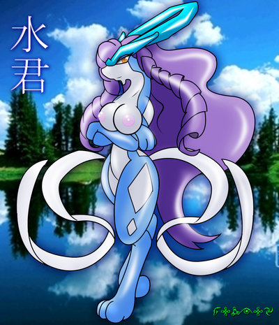 blue_fur bottomless breasts color exposed_breasts female female_only fur furry furry_breasts gb_of_bs hair long_hair mouth nintendo nipples nude open_eyes orange_eyes outdoors pink_nipples pokemon pokemon_(species) purple_hair solo suicune topless white_fur