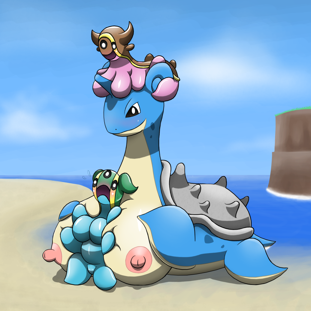 between_breasts big_breasts blush breasts female female_only gastrodon giantess lapras macro_female micro_female micro_in_cleavage micro_on_macro nintendo ole person_between_breasts pokémon_(species) pokemon pokemon_(species) sand sea slug tagme video_games water