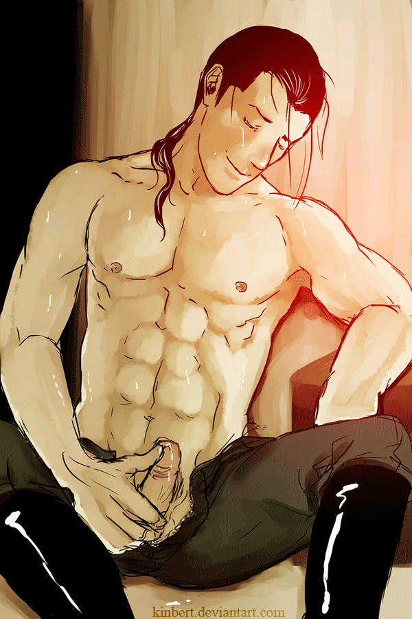 1boy abs clothes color front_view fullmetal_alchemist human kinbert male male_only masturbation muscular pants_open precum sitting sketch solf_j_kimblee solo tagme topless