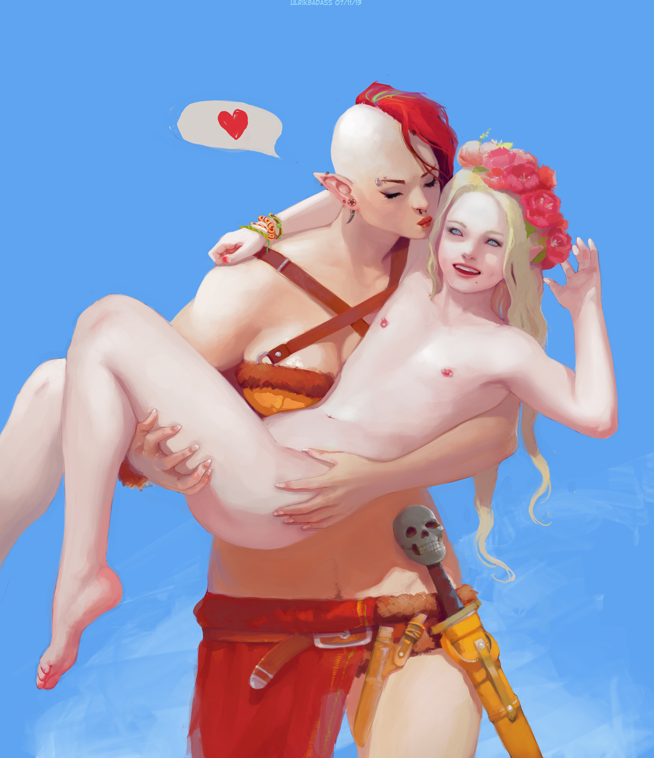 1boy, 1girls, blonde hair, blue eyes, bracelet, cleavage, closed eyes, earrings, elf, elf femboy, female, femboy, femboy on female, flower, girly, hair flower, hair ornament, kissing, light skin, light-skinned female, light-skinned femboy, light-skinned male, long hair, male, male/female, mohawk, navel, nipples, nose piercing, orc, orc female, piercing, pointy ears, red hair, smile, straight, sword, trap, ulrik, warrior, weapon